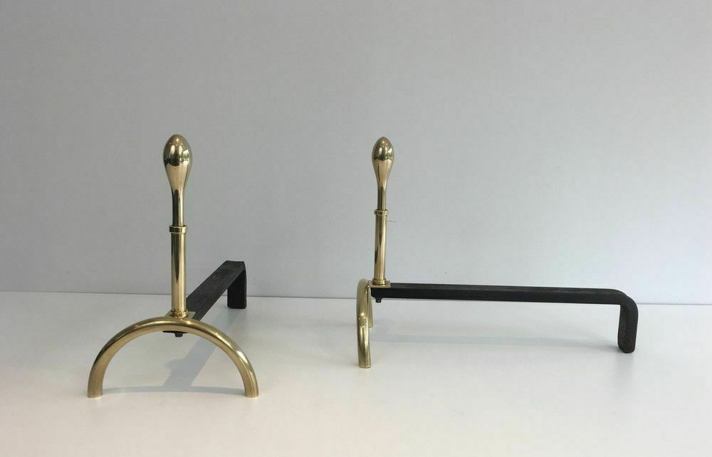 Pair Of Neoclassical Style Andirons In Brass And Wrought Iron photo Home Fixtures