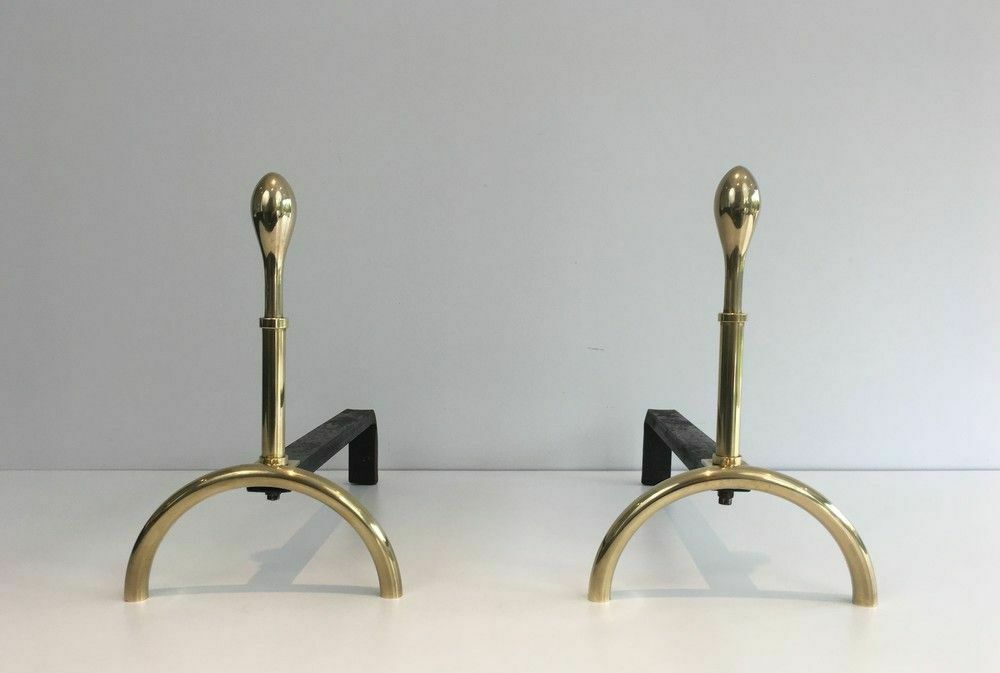 photo furniture Pair Of Neoclassical Style Andirons In Brass And Wrought Iron