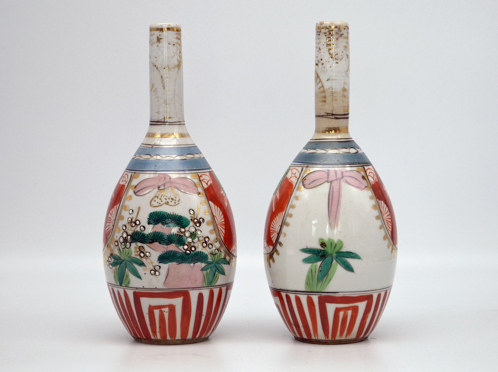 Pair Of Kutani Vases / Sake Bottles Dating From Meiji To Early Showa Period