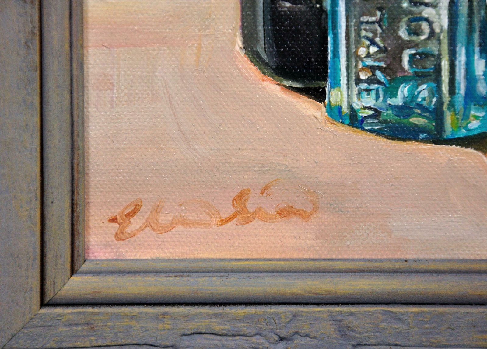 Elin Sian Blake. Welsh.  Antique Bottle Collection. Chemist Shop. Oil Painting. photo for sale