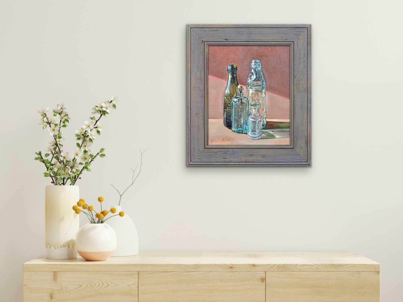 Elin Sian Blake. Welsh.  Antique Bottle Collection. Chemist Shop. Oil Painting. photo buy