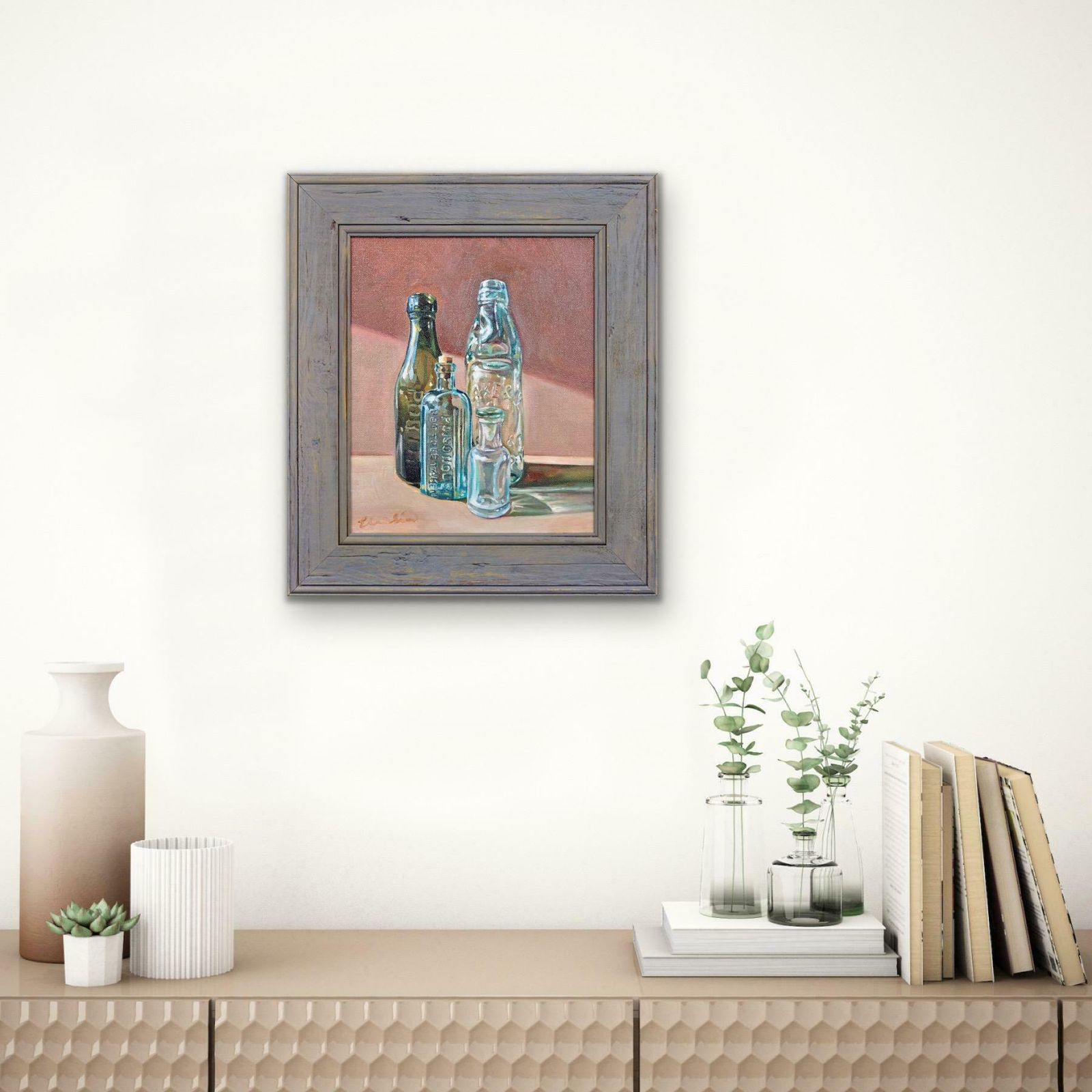 photo vintage Elin Sian Blake. Welsh.  Antique Bottle Collection. Chemist Shop. Oil Painting.