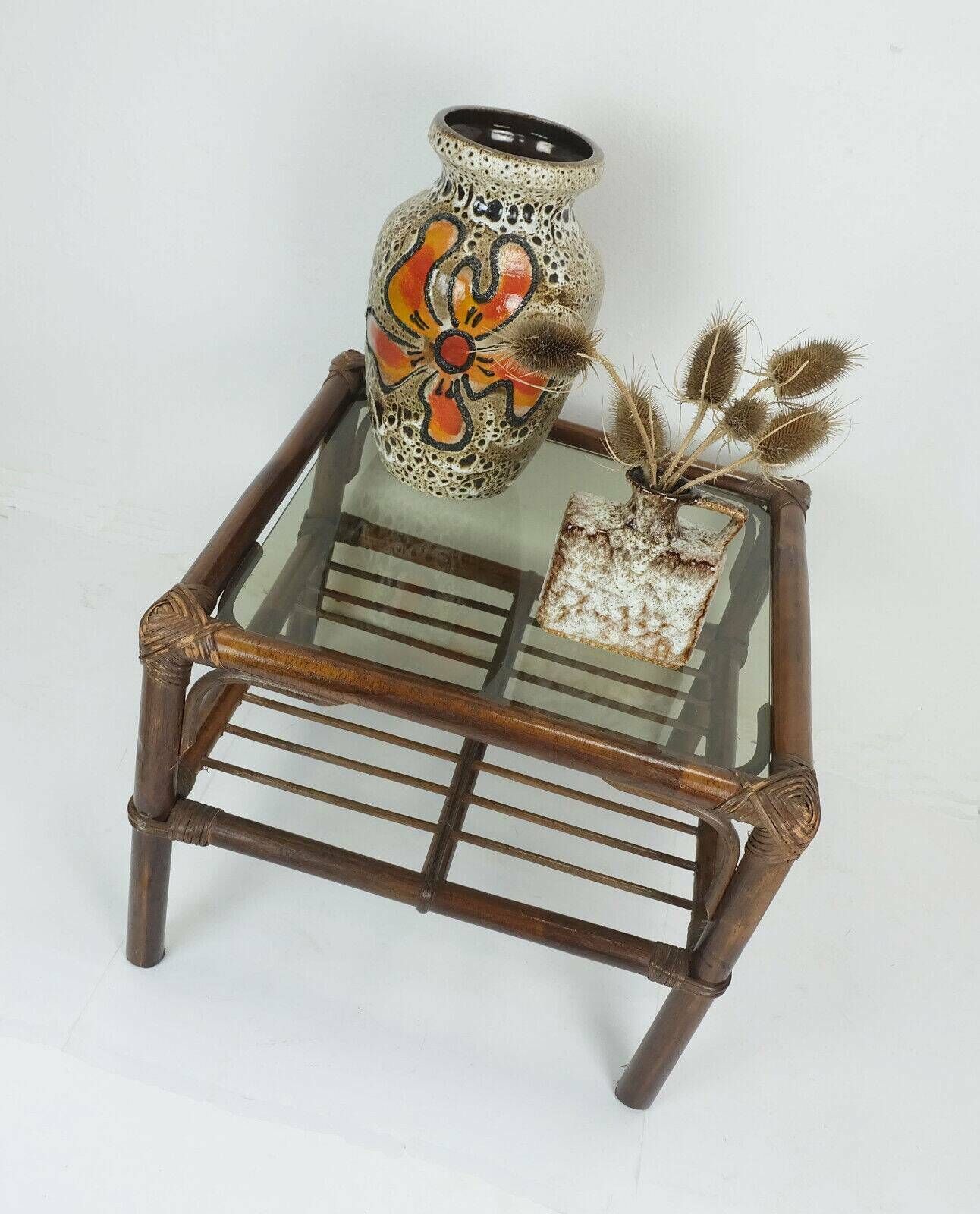 1970s Mid Century Side Table Coffee Table Bamboo Wicker Glass photo vinterior