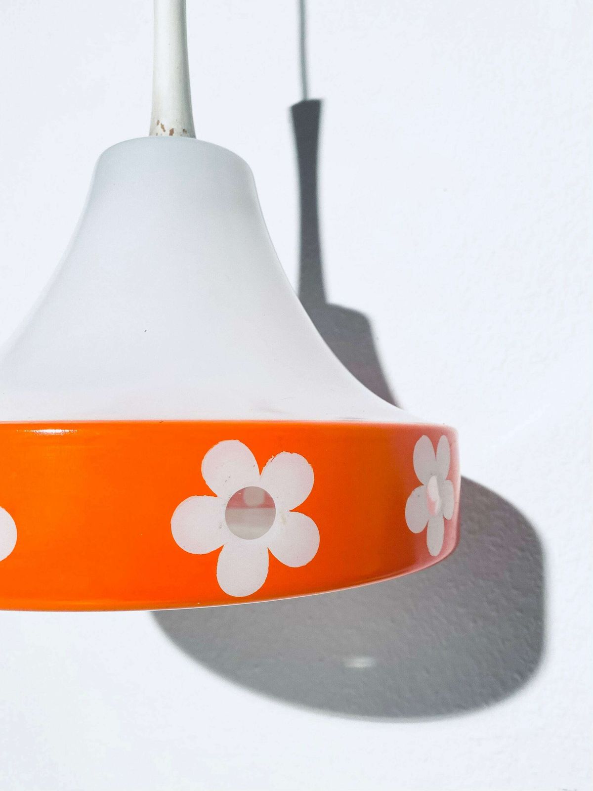 1970s Glass Hanging Lamp With Orange Flower Motif / Flower Power Vintage Kitchen Decor photo 188.0