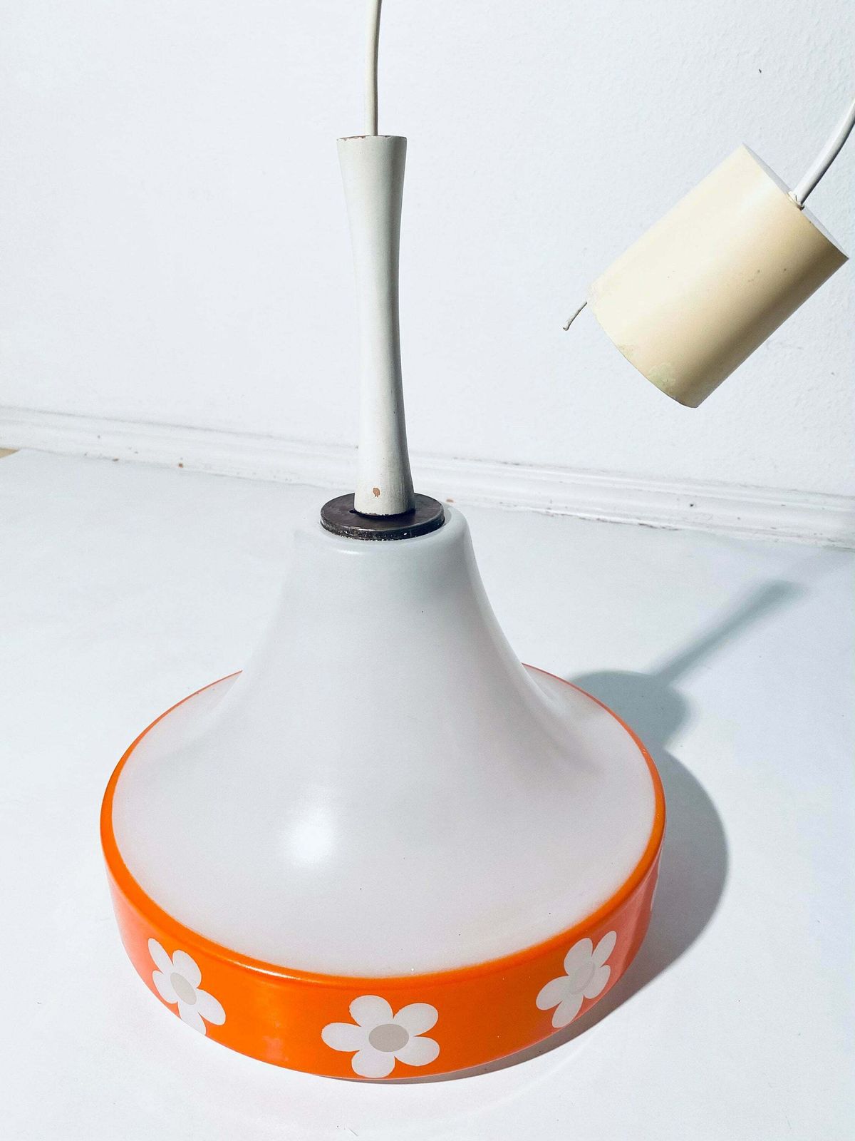 1970s Glass Hanging Lamp With Orange Flower Motif / Flower Power Vintage Kitchen Decor photo vintage