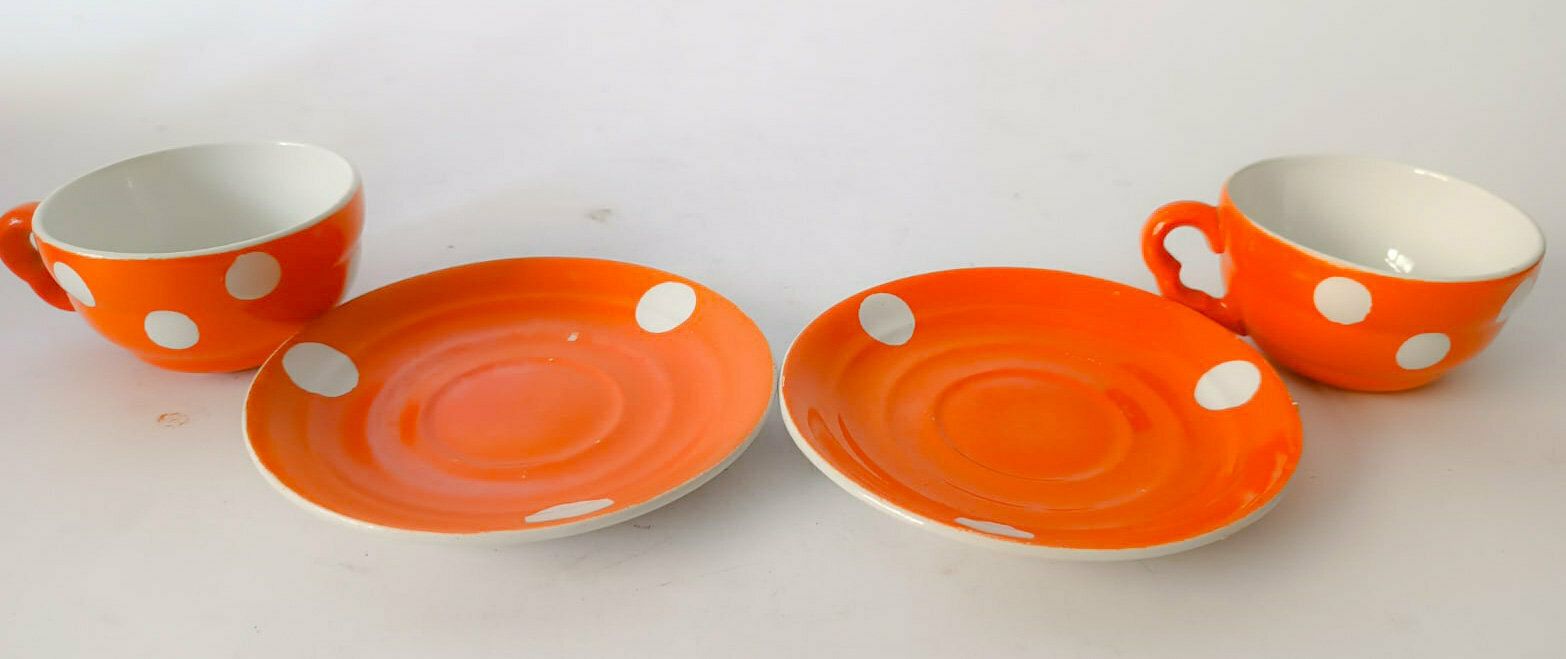 Società Ceramica Lombarda Coffee Service Vintage Orange White Polka Dots Art Deco Rometti Era X4 People photo Home Decor