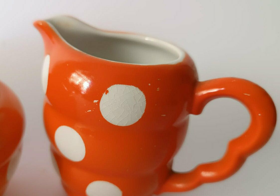 Società Ceramica Lombarda Coffee Service Vintage Orange White Polka Dots Art Deco Rometti Era X4 People photo 237.0