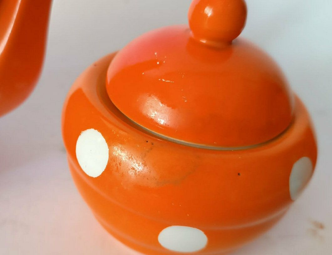 Società Ceramica Lombarda Coffee Service Vintage Orange White Polka Dots Art Deco Rometti Era X4 People photo vinterior