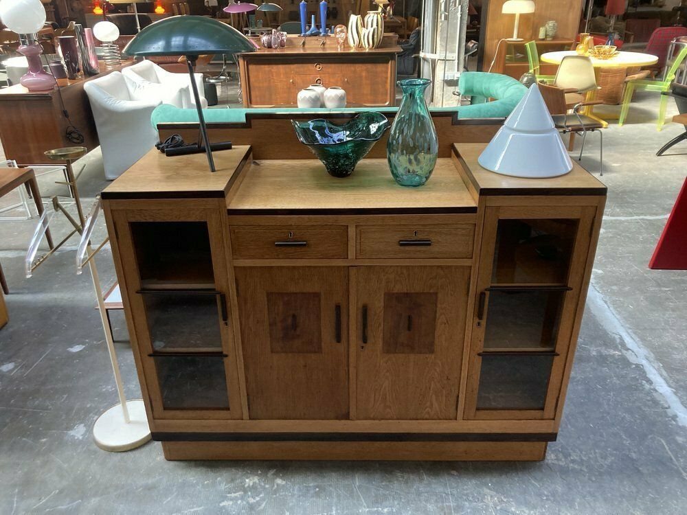 Dutch Art Deco Oak And Glass Buffet Or Bar Cabinet, 1930s photo furniture