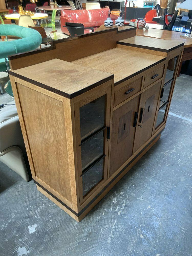 Dutch Art Deco Oak And Glass Buffet Or Bar Cabinet, 1930s photo Furniture