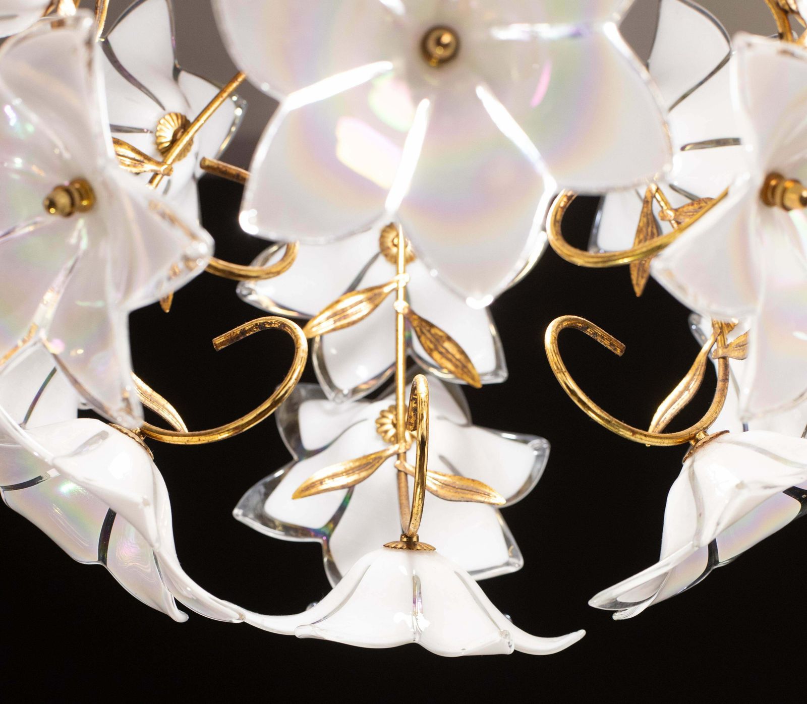Set Of 2 Murano Spherical Chandelier Full Of White Flowers, 1980s photo vintage