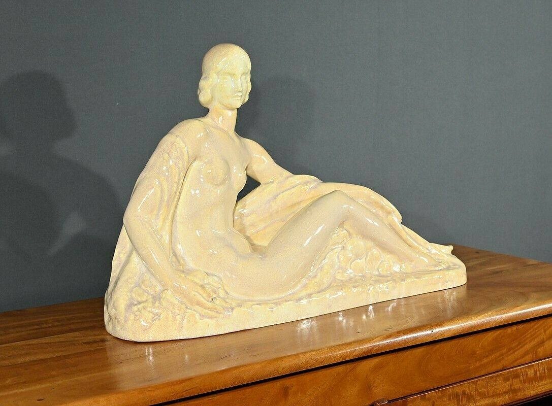 Art Deco Sculpture “Young Woman Among Flowers”, Odyv, Manufacture Berlot Mussier – 1930 photo for sale