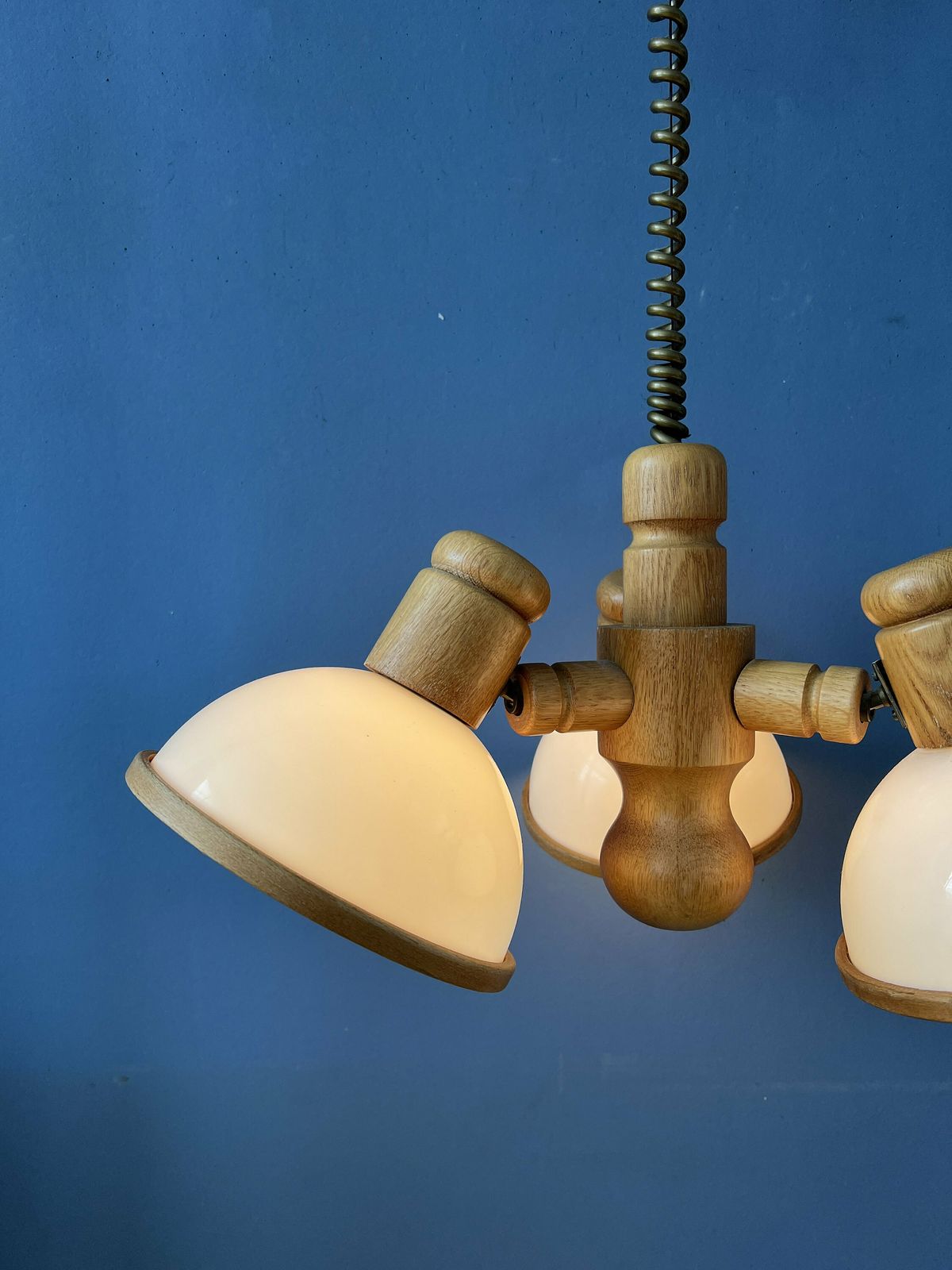 Mid Century Wooden Steinhauer Chandelier Pendant Lamp With Three Plexiglass Shades photo 433.0