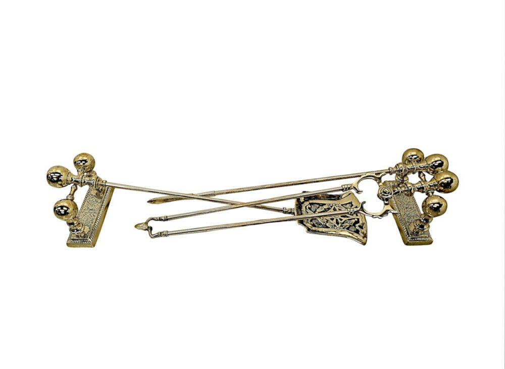 A Gorgeous Set Of 19th Century Fully Restored Brass Fire Irons And Dogs
