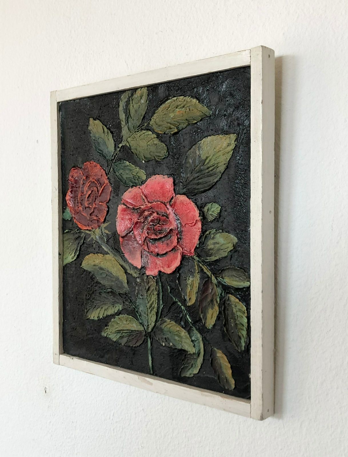 Danish Mid Century Cute Oil Painting From 1971 With Motive Of Red Rose Flowers In Relief Style And Strong Contrast Colours photo for sale