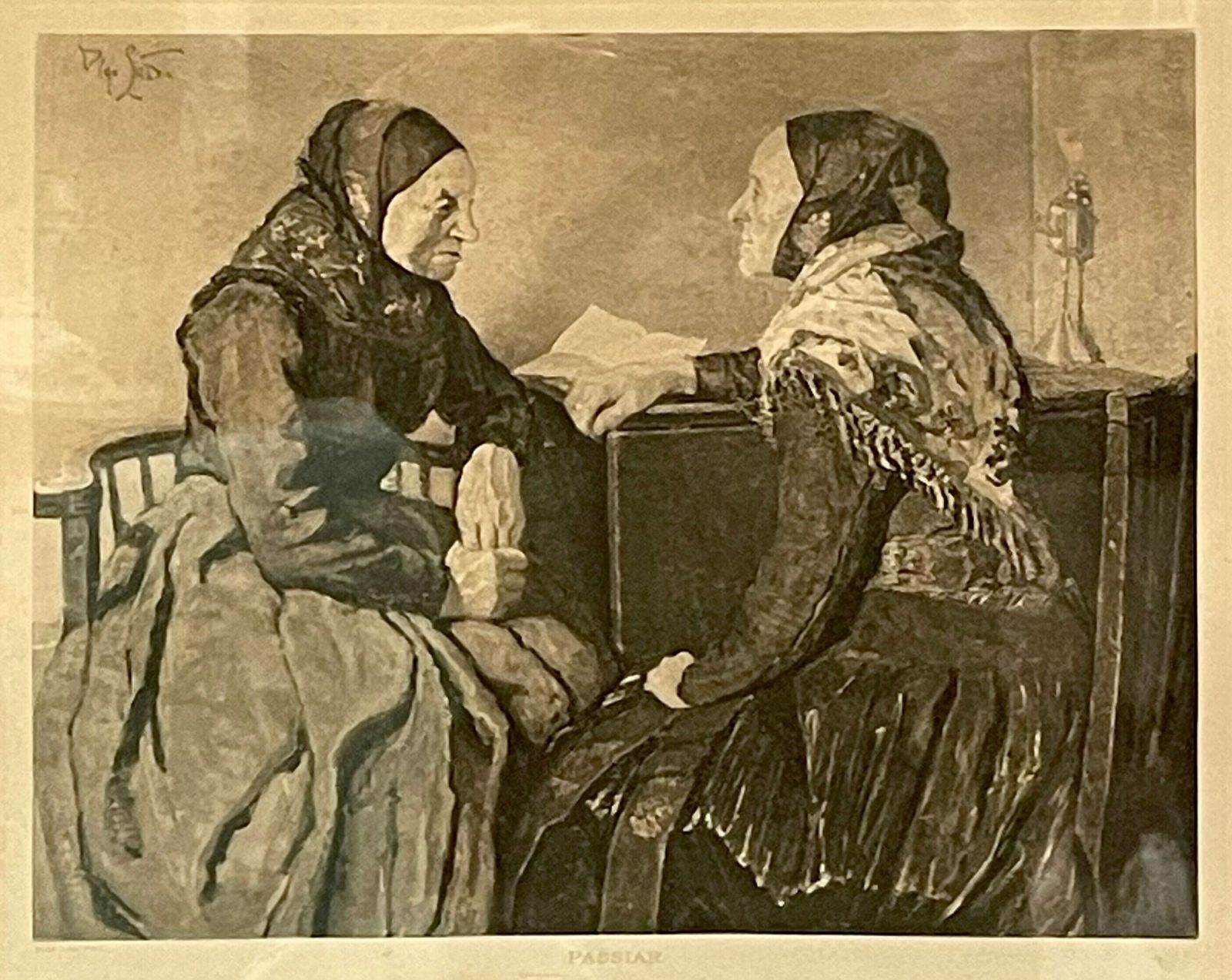 Danish Antique Print From The 1950s Made From Painting “Passiar” By Olga Lau (1875 1960) With Motive Of Elderly Women photo furniture