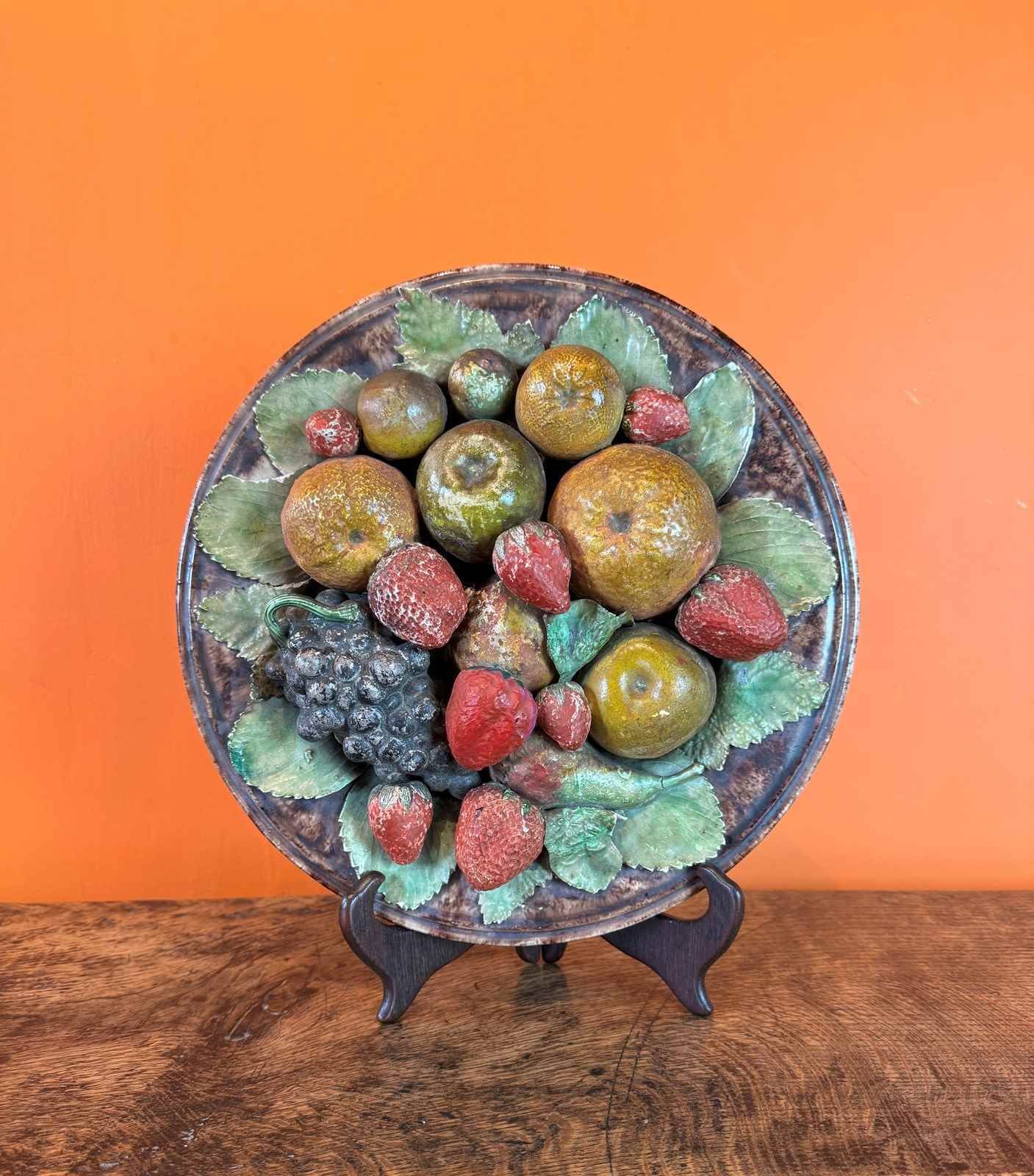 19th Century Portuguese Majolica Dish With Fruit By Jose Alvez Cunah photo for sale