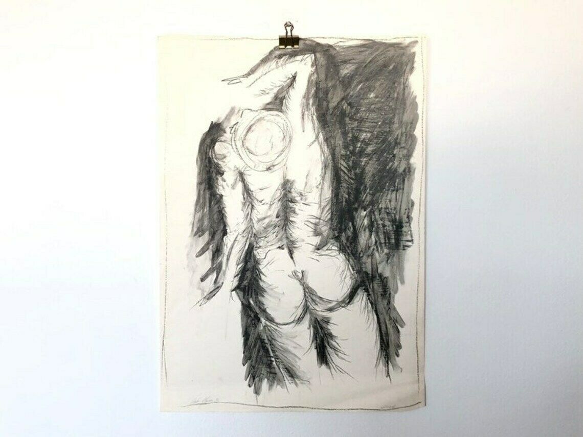 Original Danish John Hansen Vintage Drawing With Charcoal And Ink From 1986 With Abstract Figurative Torso Motive