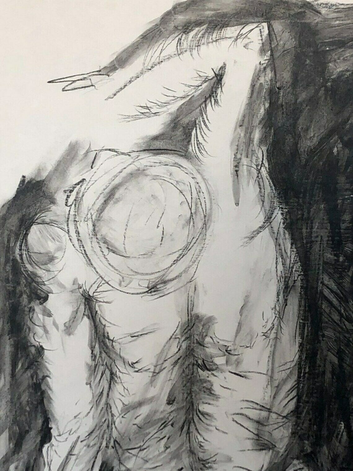 Original Danish John Hansen Vintage Drawing With Charcoal And Ink From 1986 With Abstract Figurative Torso Motive photo for sale