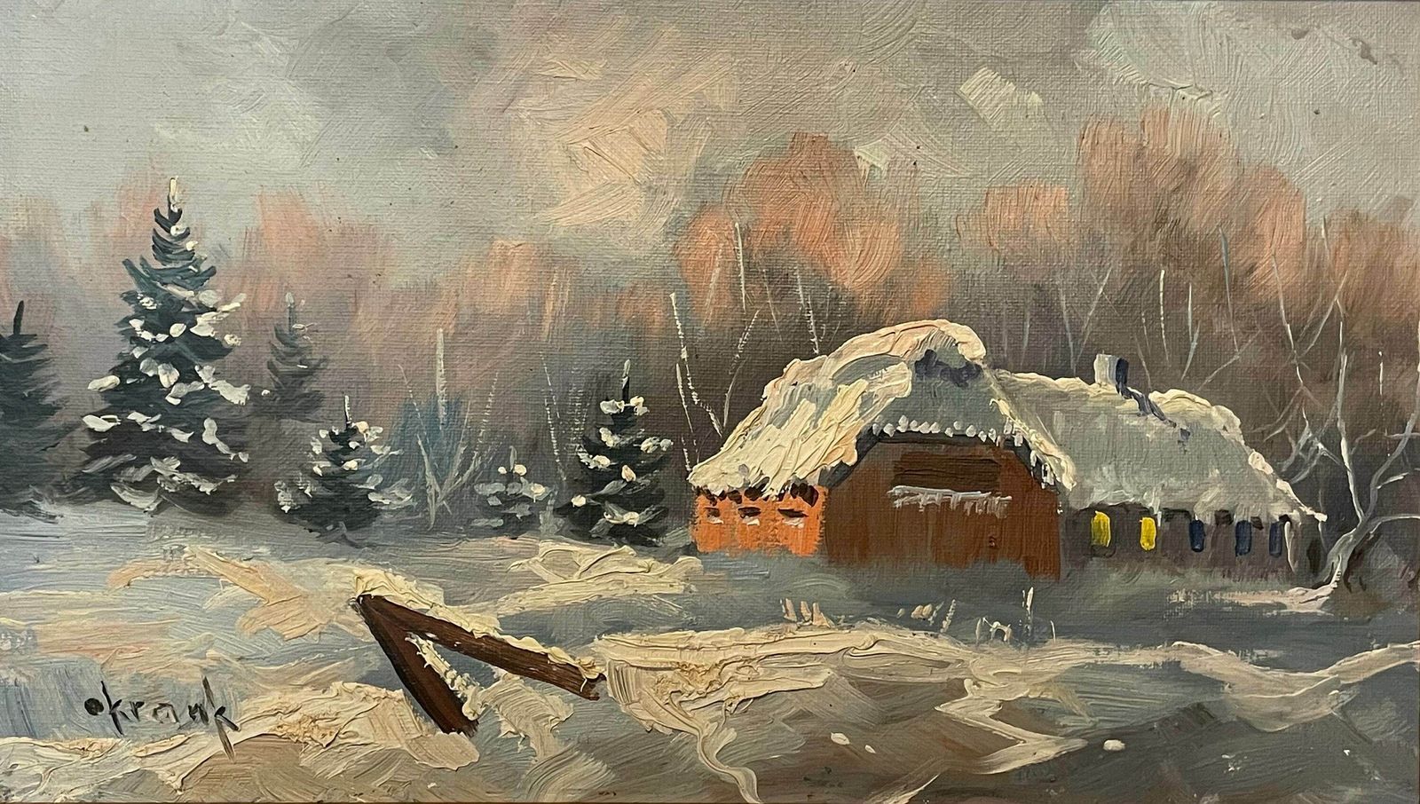 Original Danish Vintage Oil Painting By Otto Krank (1917 2009) From The 1960s   Winter Landscape With Farm And Beautiful Light photo furniture