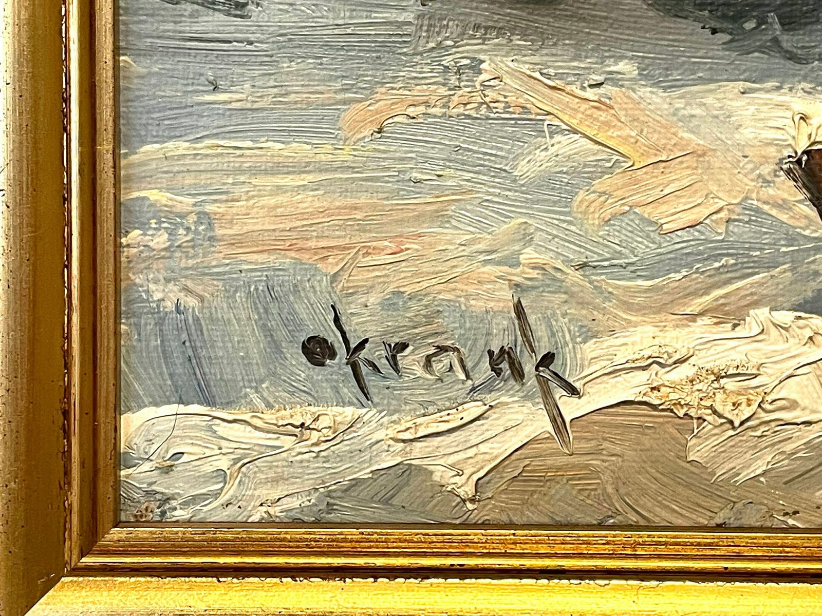 Original Danish Vintage Oil Painting By Otto Krank (1917 2009) From The 1960s   Winter Landscape With Farm And Beautiful Light photo for sale