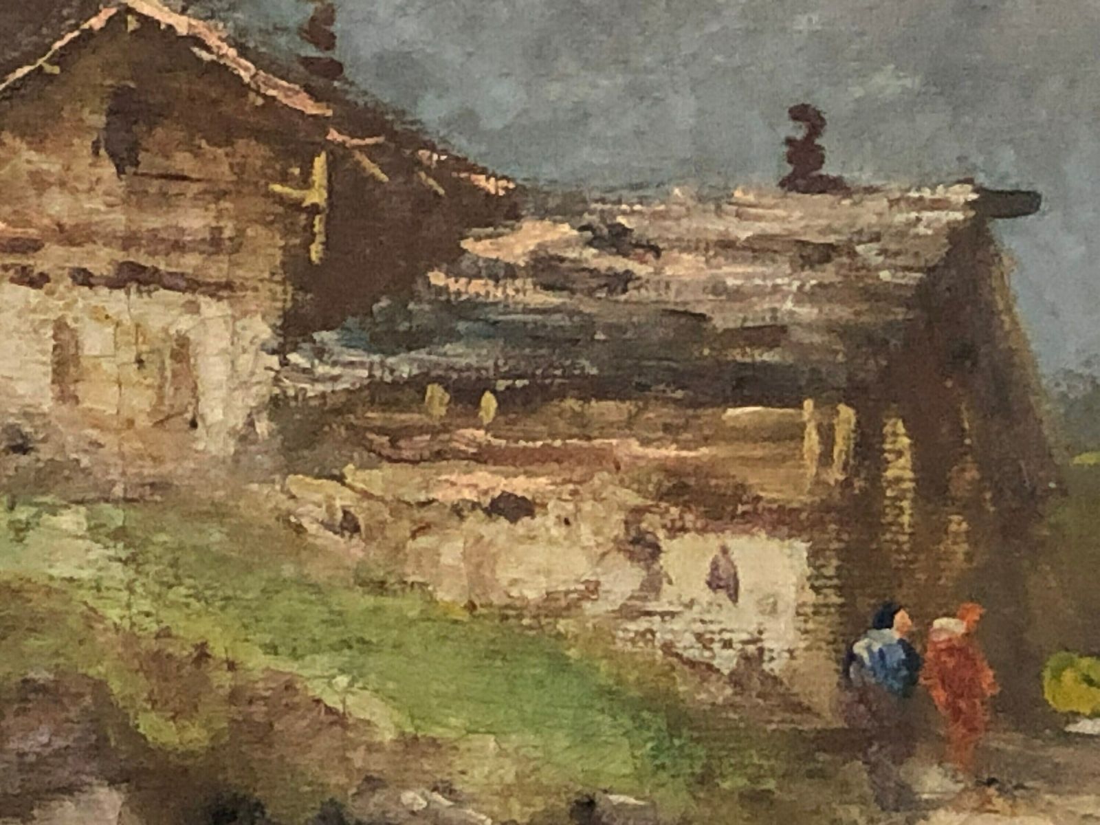 Outstanding Antique Oil On Canvas Painting From With Motive Of Beautiful Landscape And Countryside House With Mountains In The Background photo Art