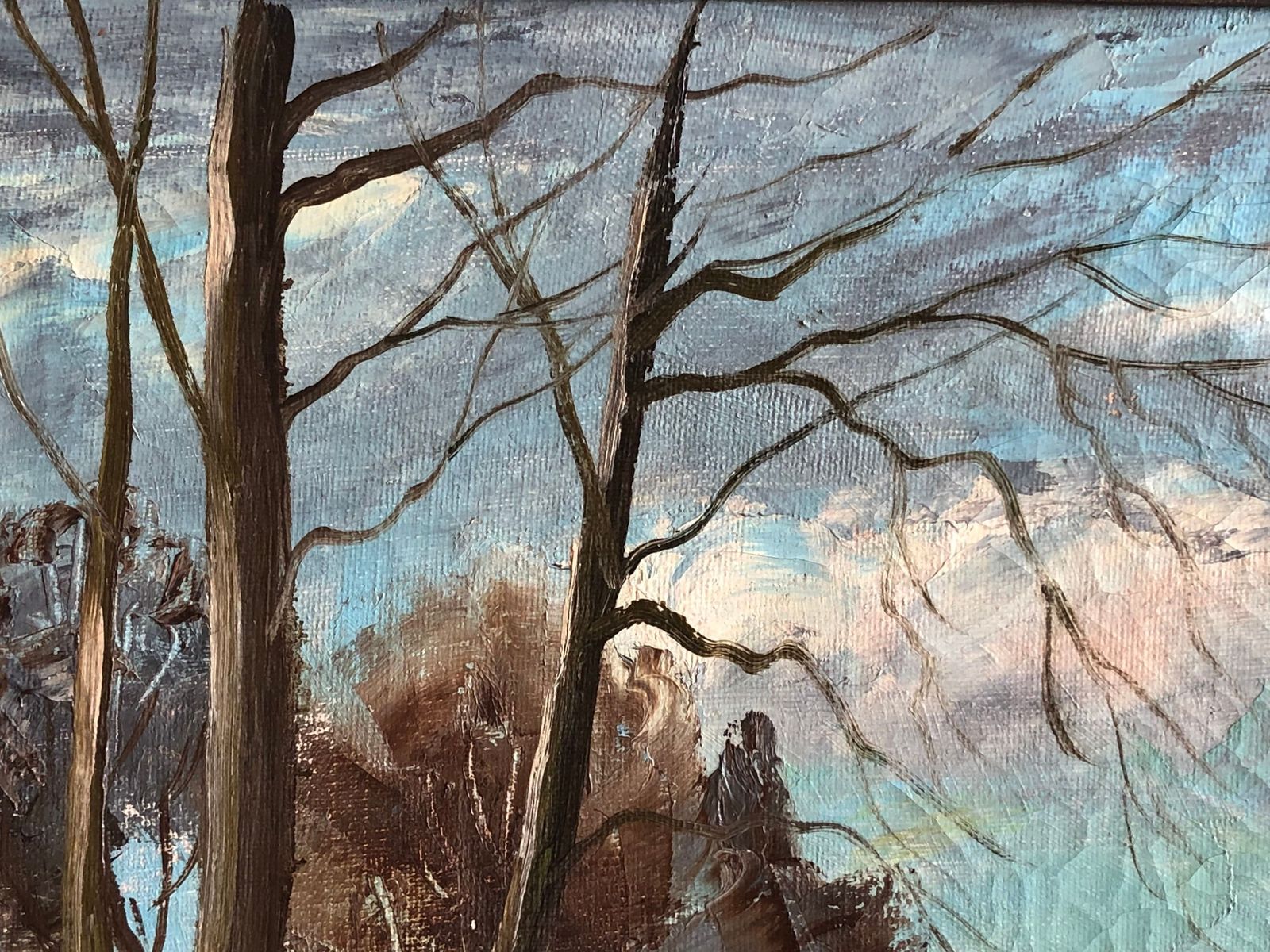 Vintage Oil Painting With Motive Of Winter Landscape From Odense Aa, Funen   Original Danish Art photo buy