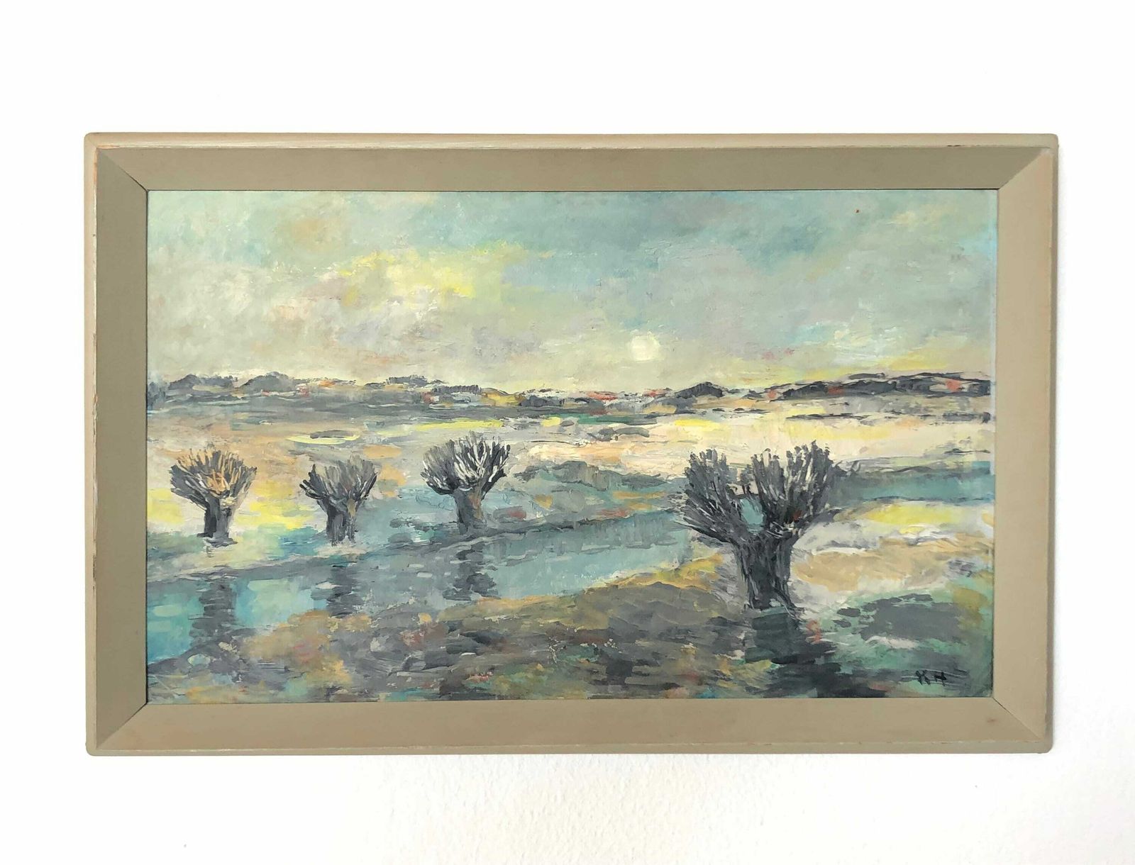 Vintage Oil Painting From Denmark Signed Kh With Motive From Odense å Of Naked Trees In A Beautiful Winter Landscape