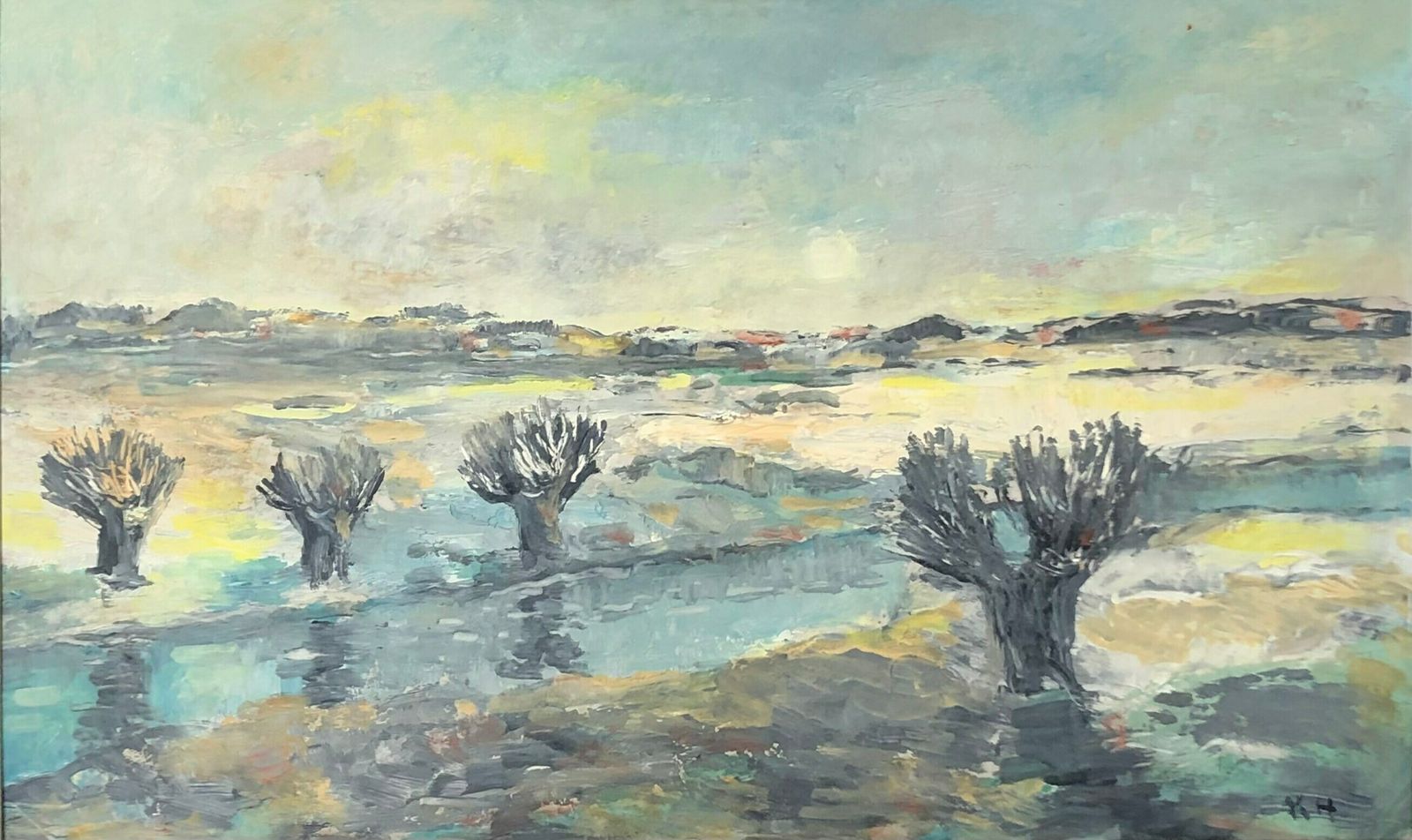 Vintage Oil Painting From Denmark Signed Kh With Motive From Odense å Of Naked Trees In A Beautiful Winter Landscape photo furniture