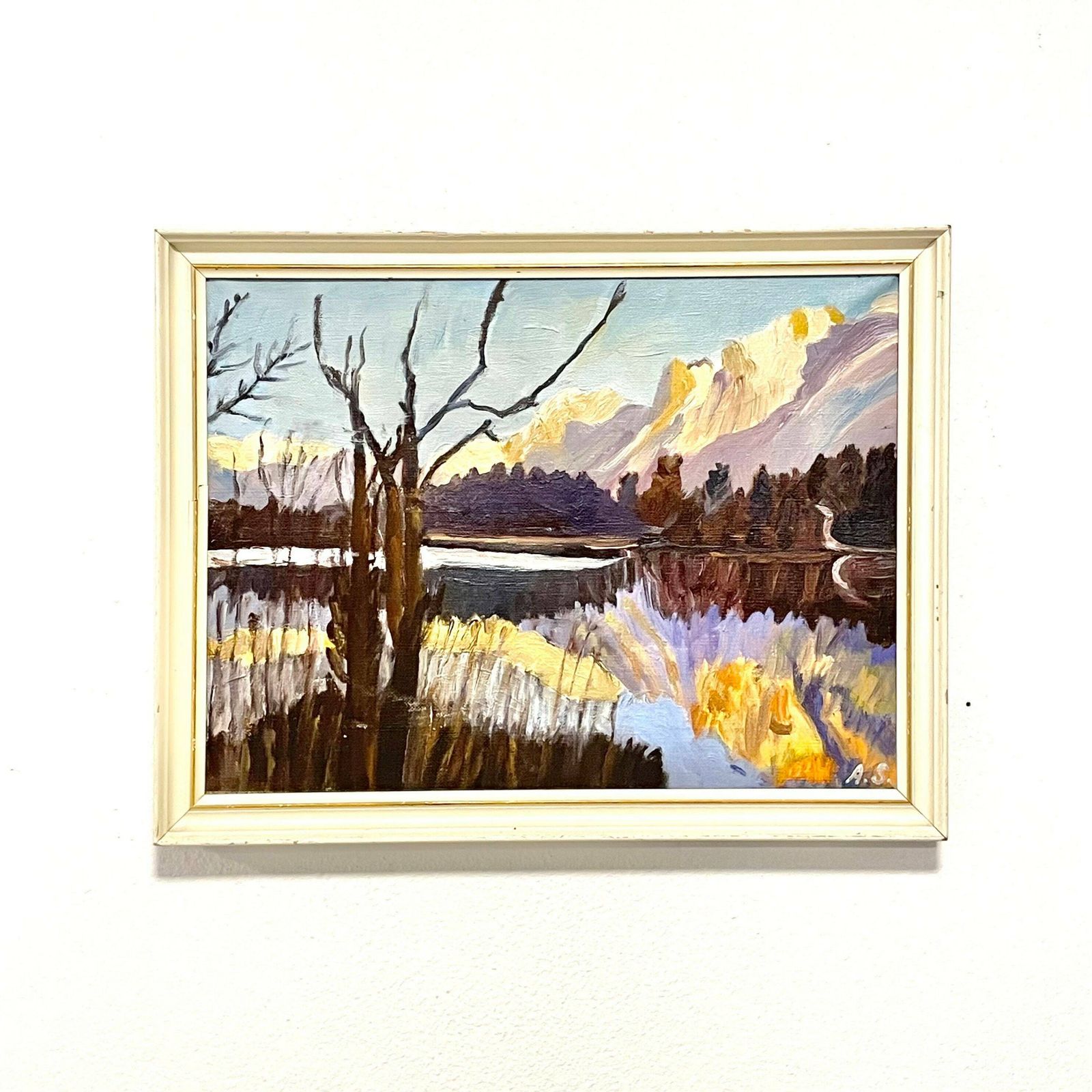 Vintage Danish Abstract Landscape Signed Oil Painting In Strong Colours With Lake And Mountains