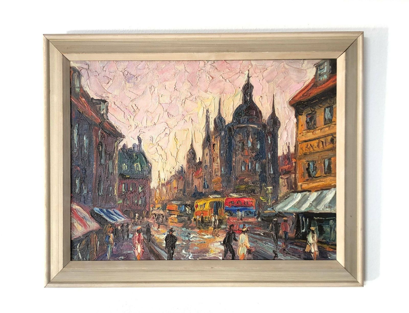 Expressionist Mid Century Oil On Canvas Painting With Motive From City Full Of Life   Great Details And Style