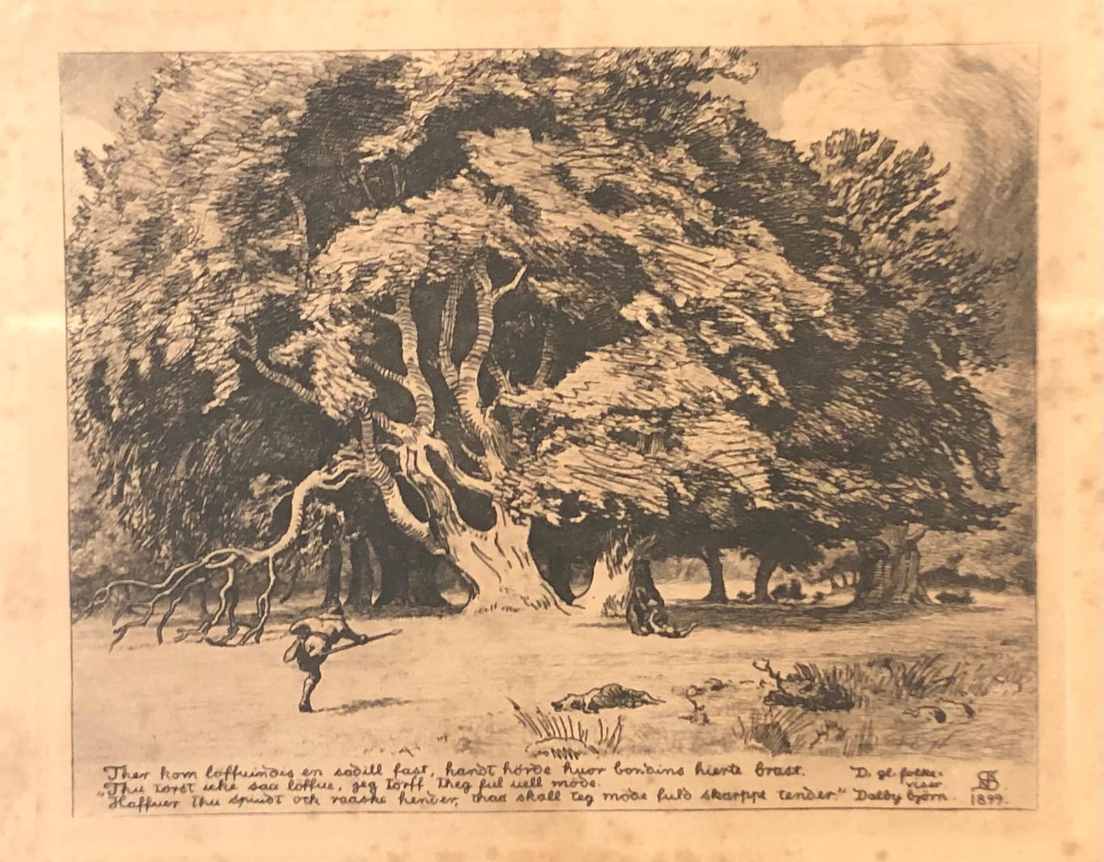 Antique Danish Etching From 1899 By Niels Skovgaard With Forest Motive From The Saga Of “Dalby Bjørn”