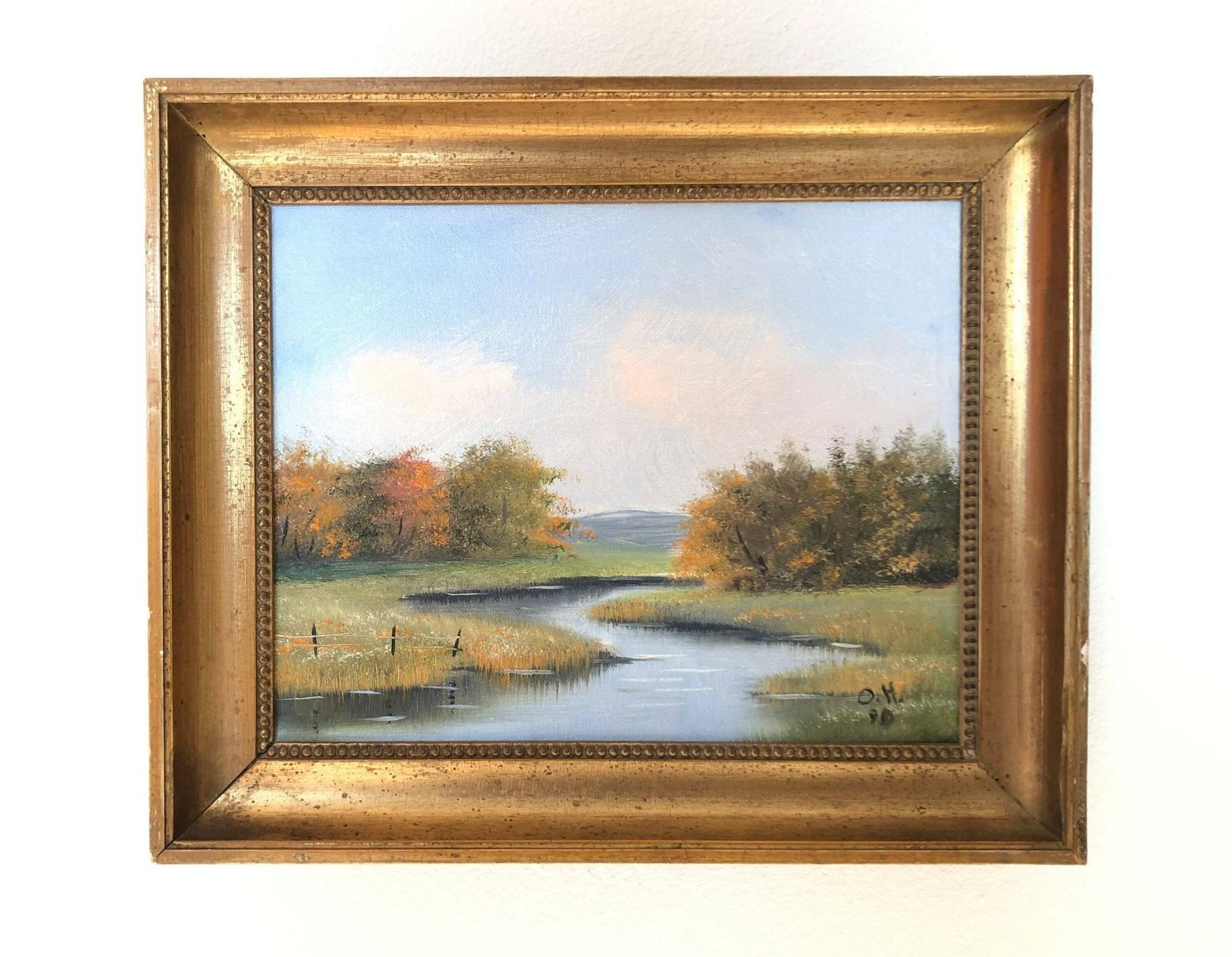 Vintage Danish Oil Painting With Beautiful Landscape Motive Of A Stream Running Through A Forest