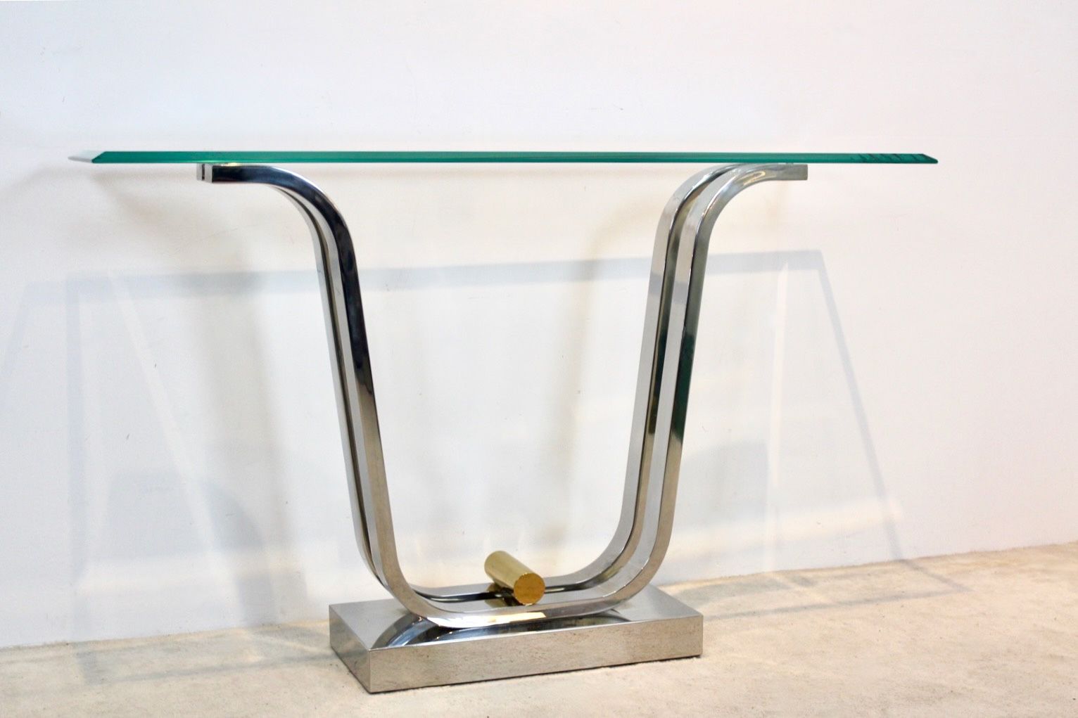 Minimalist Curvaceous Stainless Steel, Brass And Glass Console Table