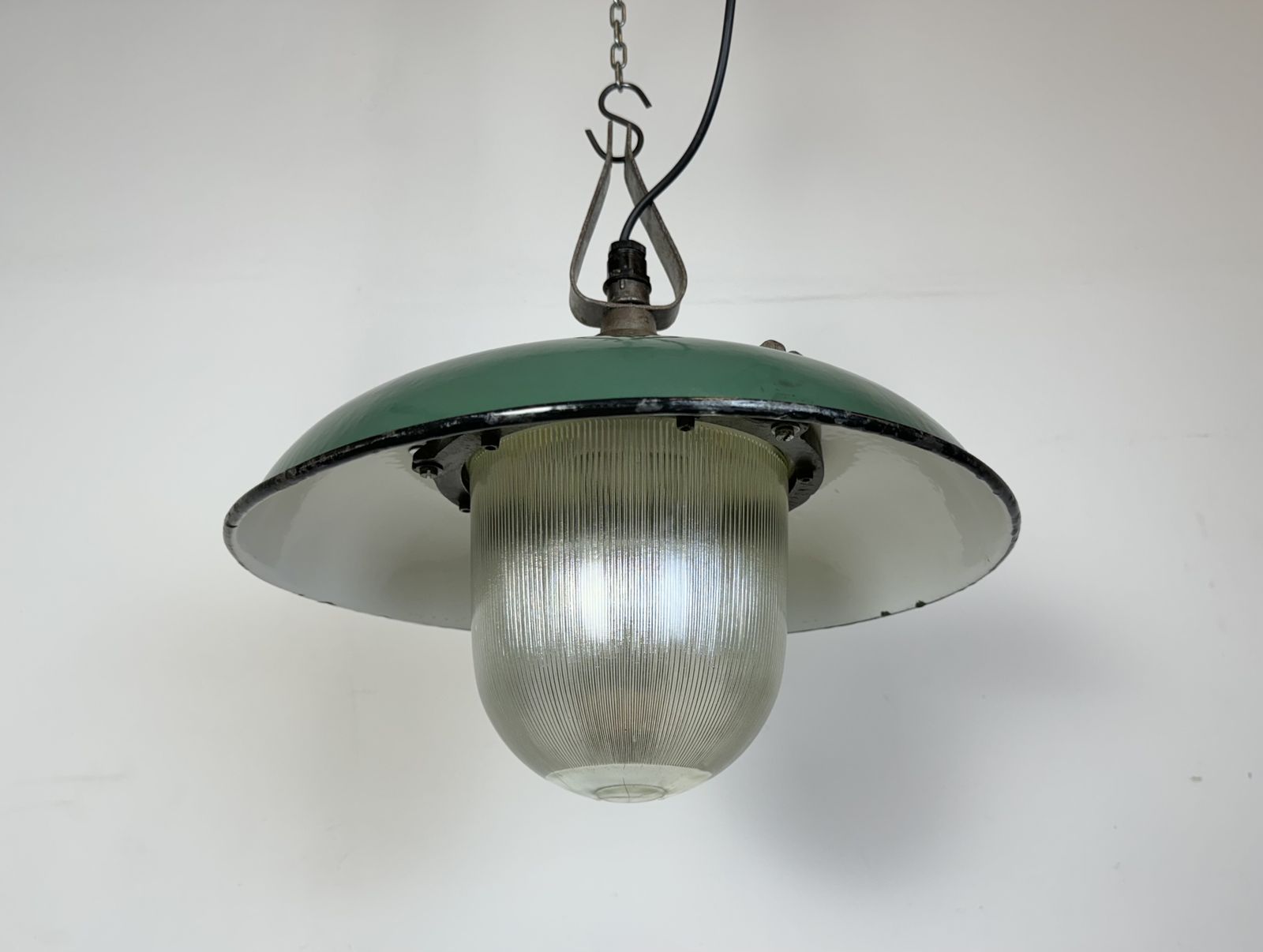 photo for sale Industrial Green Enamel Factory Pendant Lamp In Cast Iron, 1960s