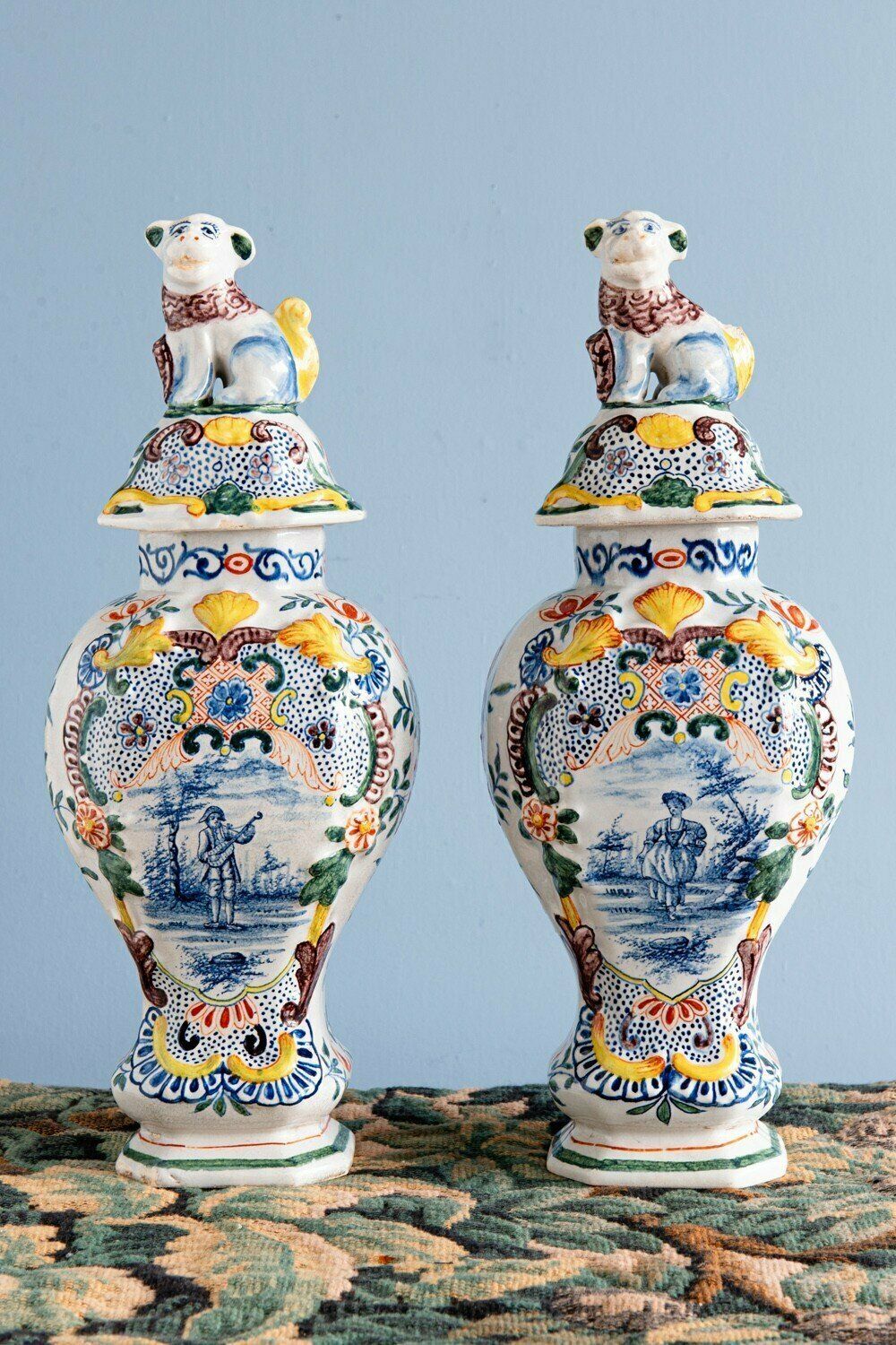 Dutch Delftware, Pair Of Polychrome Covered Baluster Vases, 18th Century