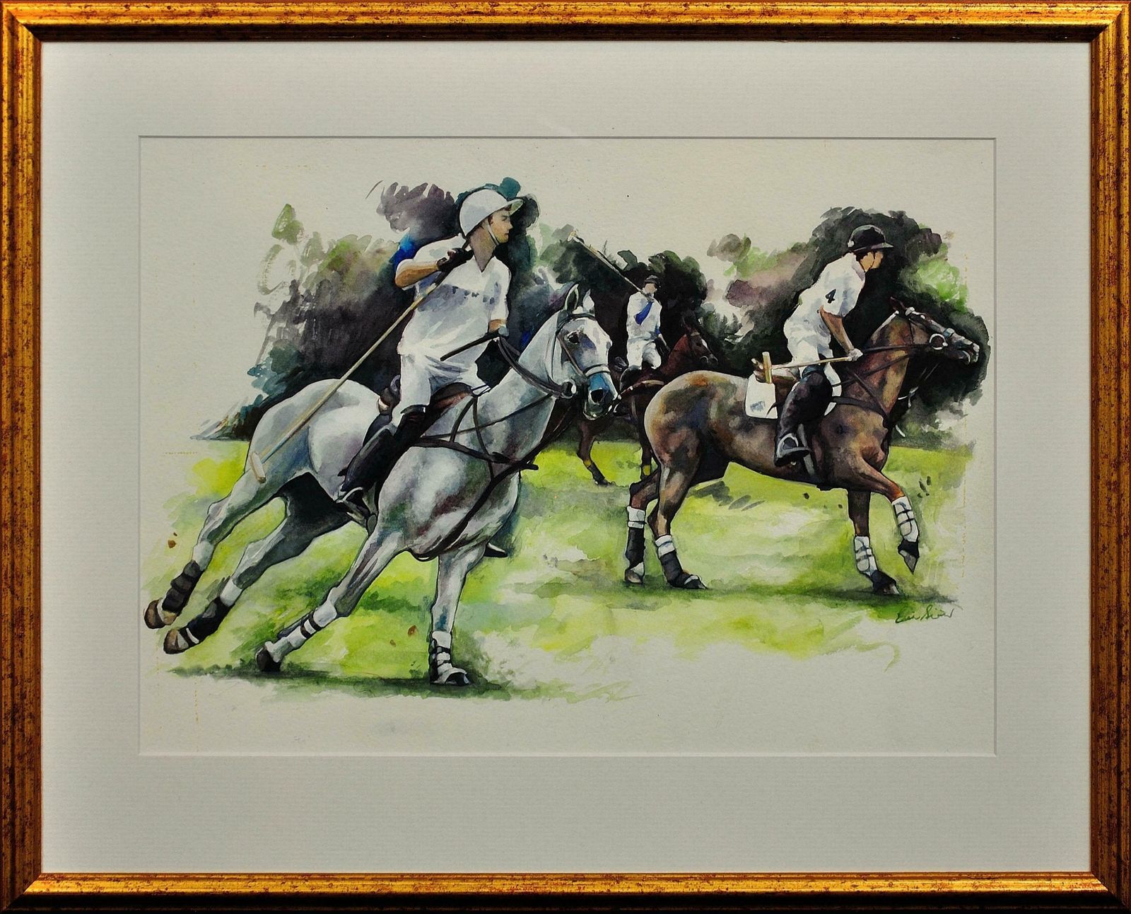 Elin Sian Blake Polo Match, Cirencester, The First Chukka. Cotswolds. Parkland.Framed Watercolour.