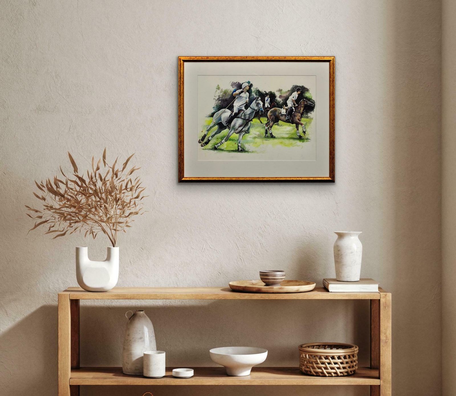 photo vinterior Elin Sian Blake Polo Match, Cirencester, The First Chukka. Cotswolds. Parkland.Framed Watercolour.