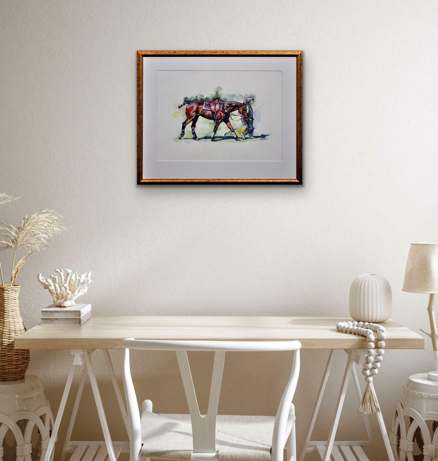 Art Elin Sian Blake Polo Match, Cirencester, Player Leading Pony. Cotswolds. Framed Watercolour. photo