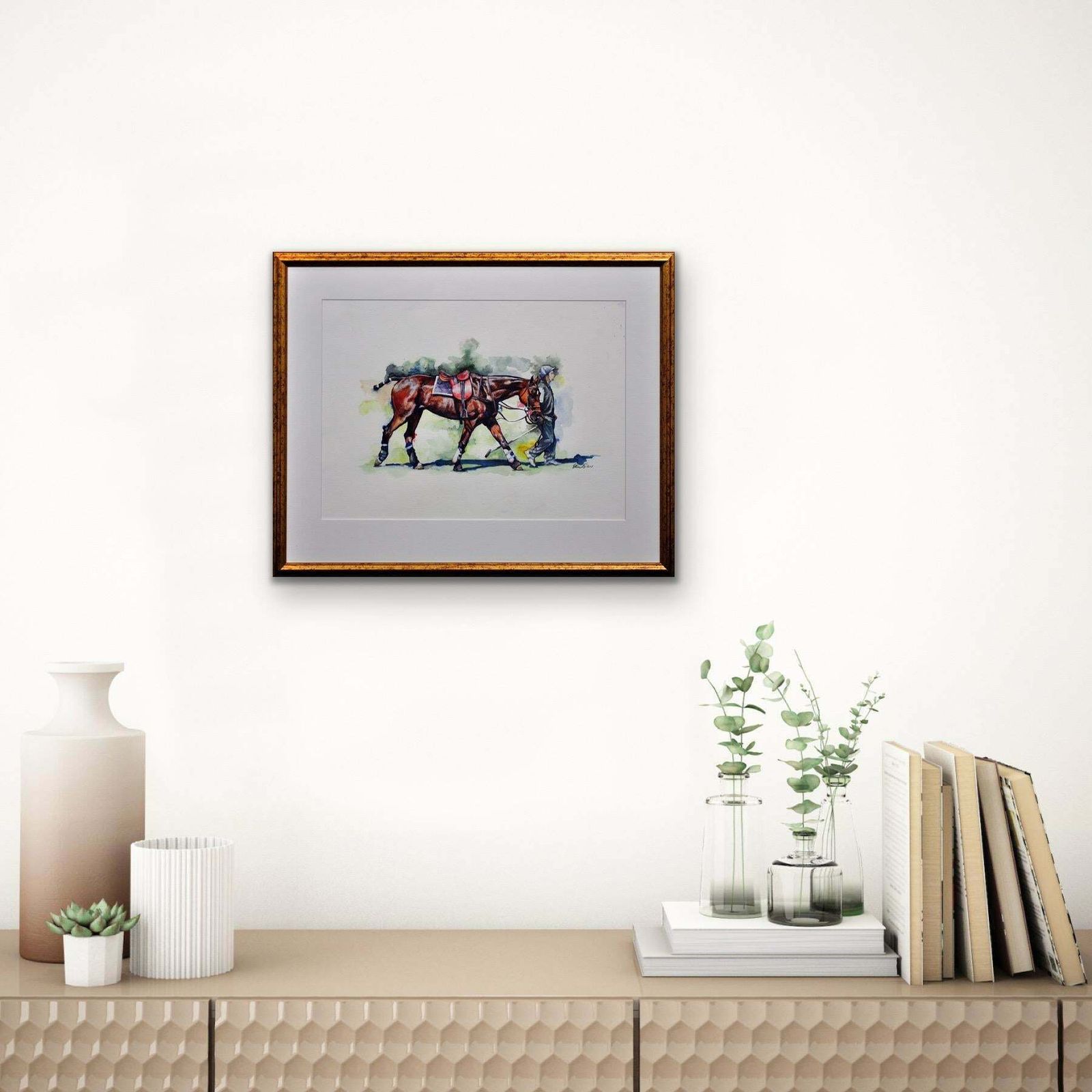 photo vinterior Elin Sian Blake Polo Match, Cirencester, Player Leading Pony. Cotswolds. Framed Watercolour.
