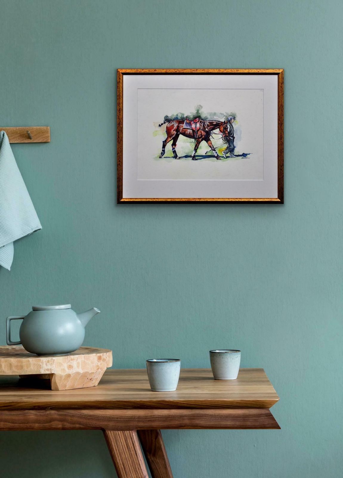photo buy Elin Sian Blake Polo Match, Cirencester, Player Leading Pony. Cotswolds. Framed Watercolour.