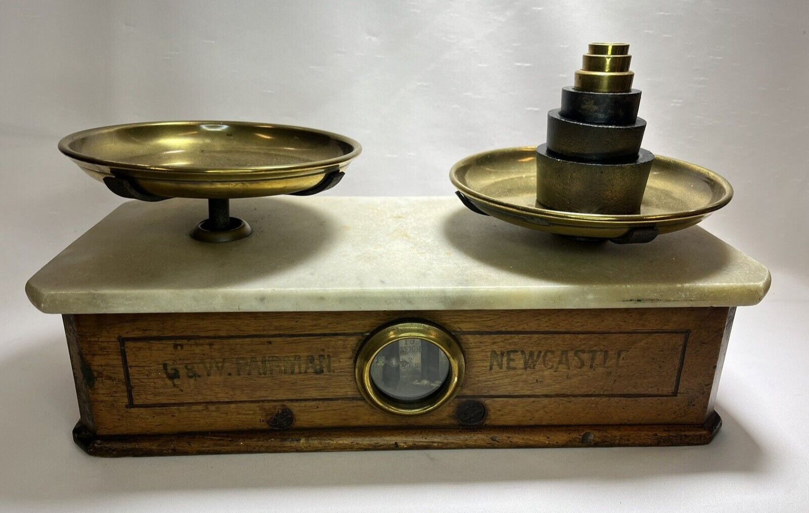Antique French Marble & Wood Counter Scales & Weights G&W Pairman Bonfils Monneret Paris