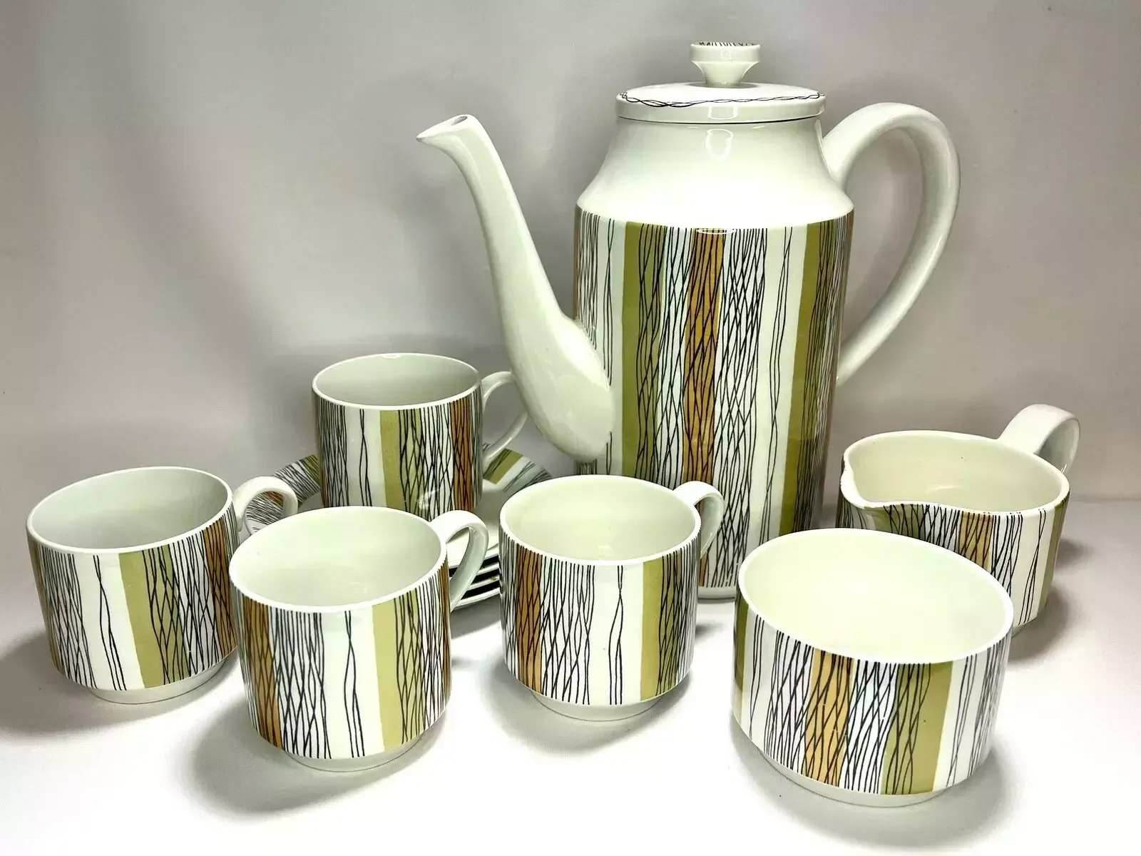 Vintage 1960s Midwinter Pottery Sienna Stripe 12 Piece Coffee Set Jessie Tait Design, 'Fine' Shape