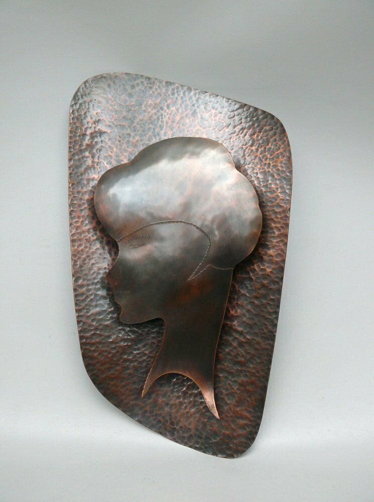 Handmade Woman's Portrait Wall Lamp In Copper Plated Metal, 1960s