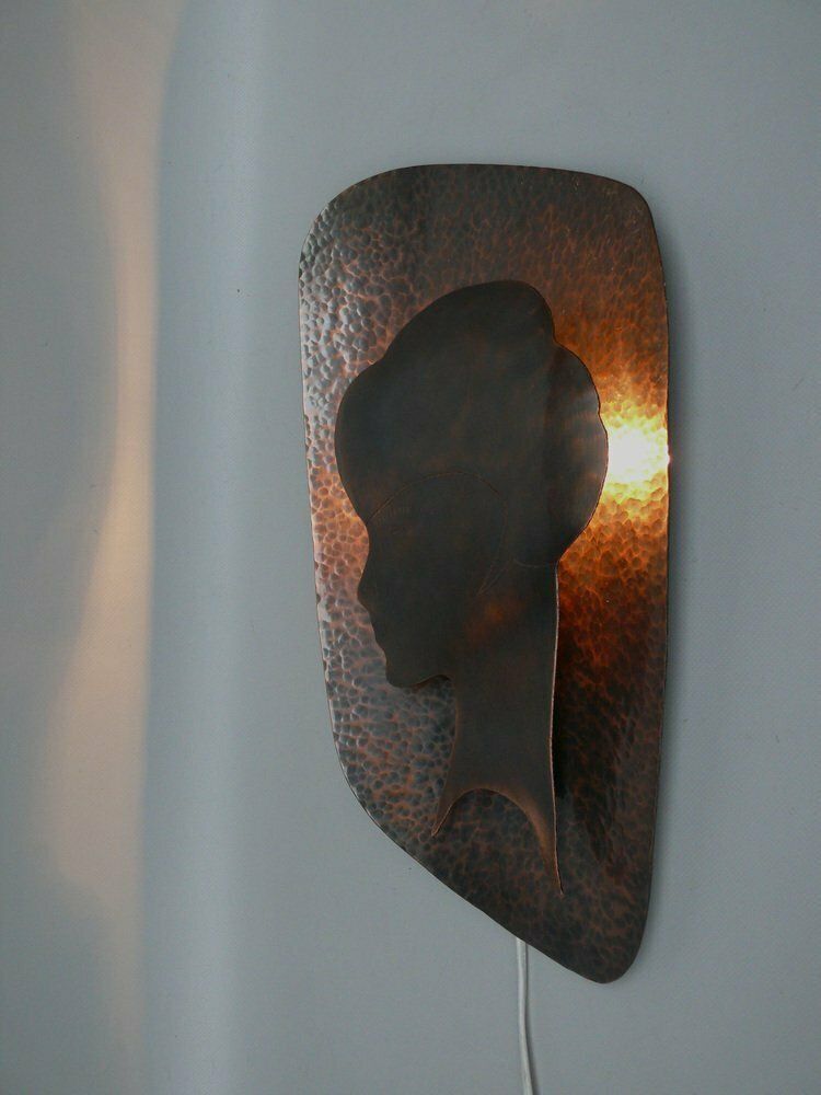 Handmade Woman's Portrait Wall Lamp In Copper Plated Metal, 1960s photo vinterior