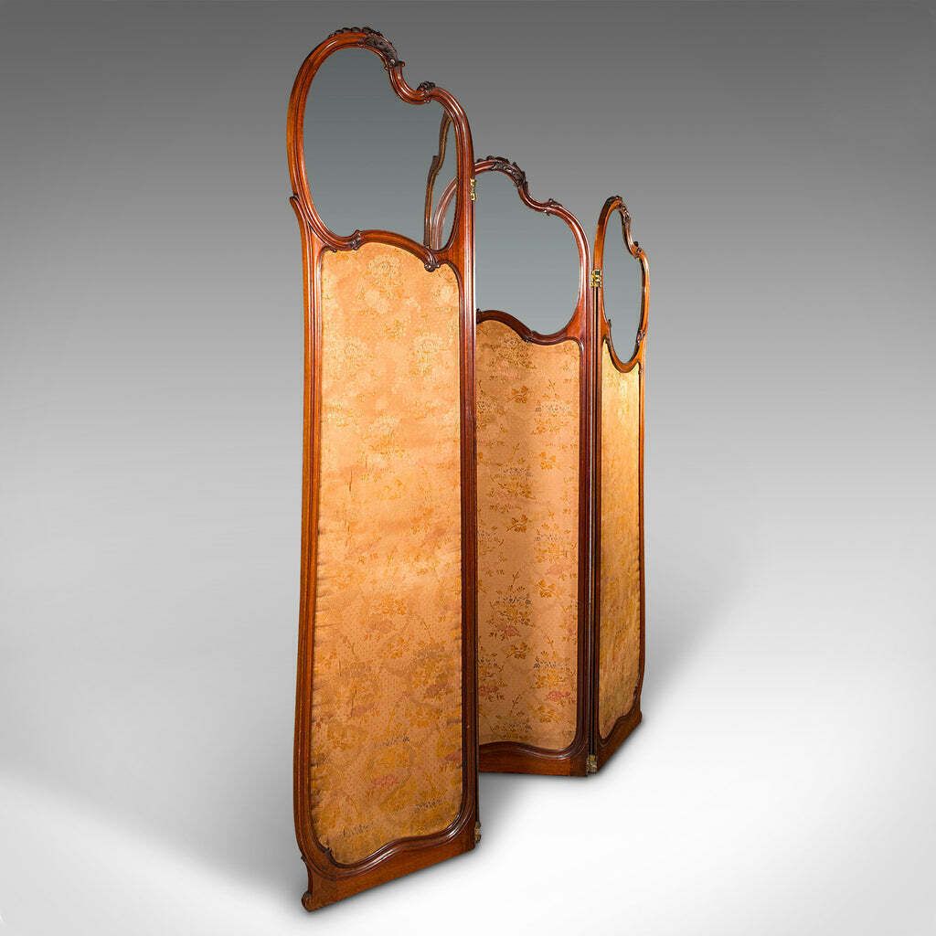 6' 6'' Tall Antique Privacy Screen, French Walnut, Glass, Art Nouveau, Victorian
