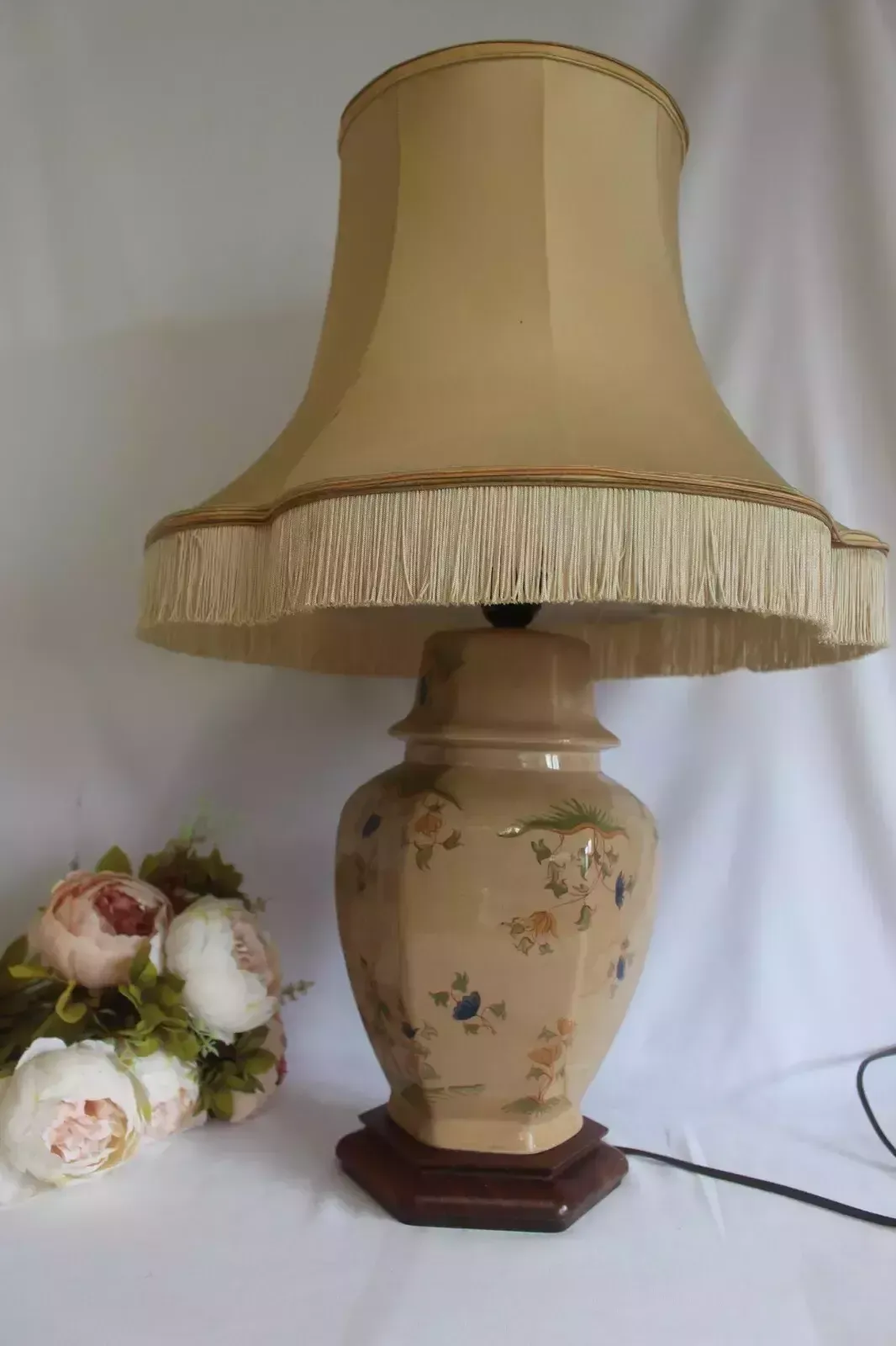 photo for sale Large Table Pot Lamp Vintage Chinese Style Ceramic/Oak Lamp Mustard Color