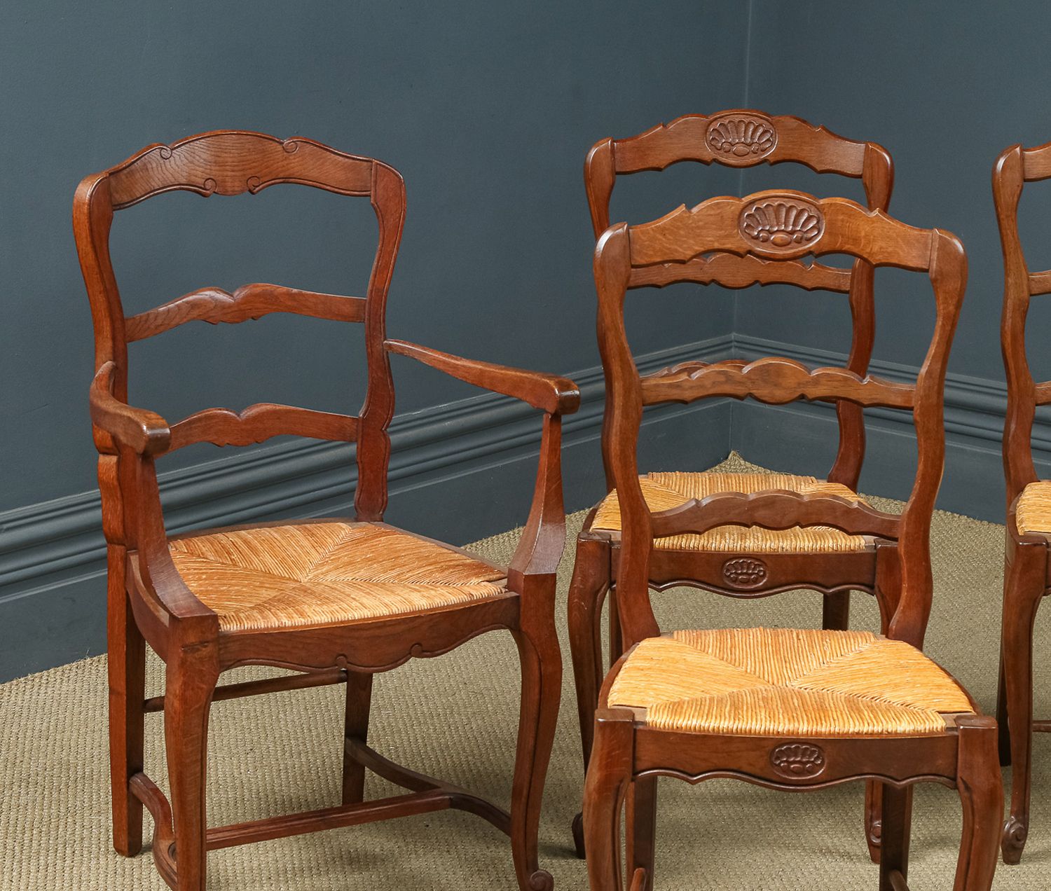 French Set Of 6 Six Louis XV Style Oak Ladder Back Rush Seat Kitchen Dining Chairs (Circa 1920) photo 2495.0
