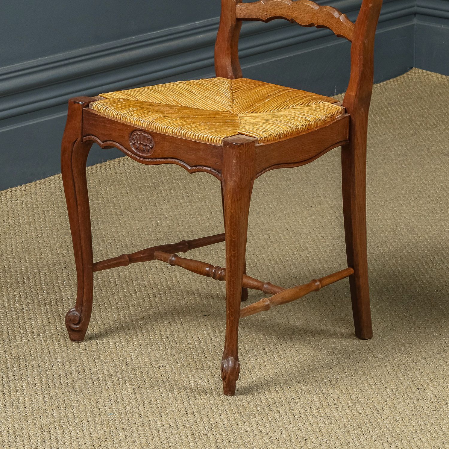 photo for sale French Set Of 6 Six Louis XV Style Oak Ladder Back Rush Seat Kitchen Dining Chairs (Circa 1920)