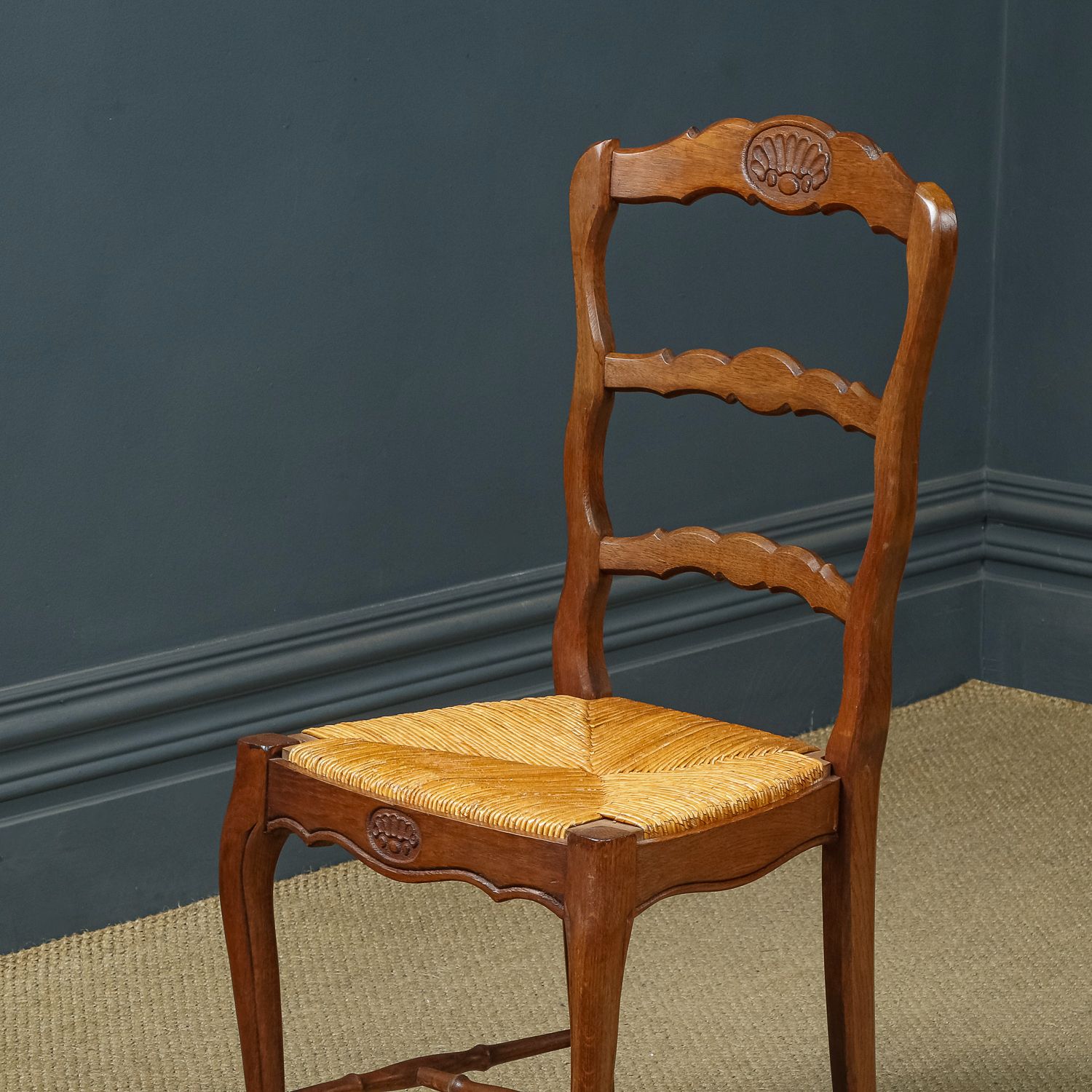 2495.0 French Set Of 6 Six Louis XV Style Oak Ladder Back Rush Seat Kitchen Dining Chairs (Circa 1920) photo